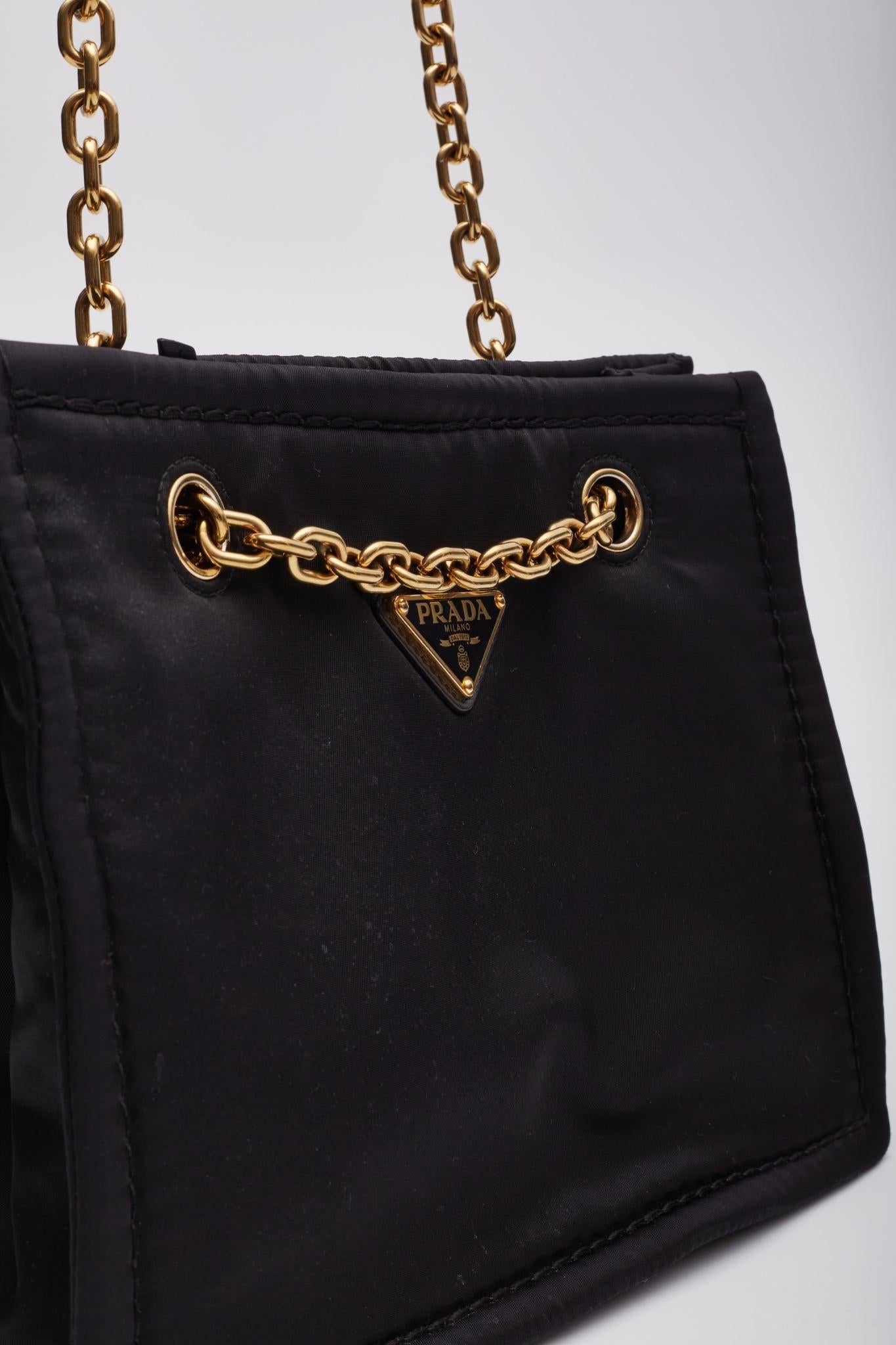 Prada Black Nylon Double Gold Chain Tote Bag For Sale 6