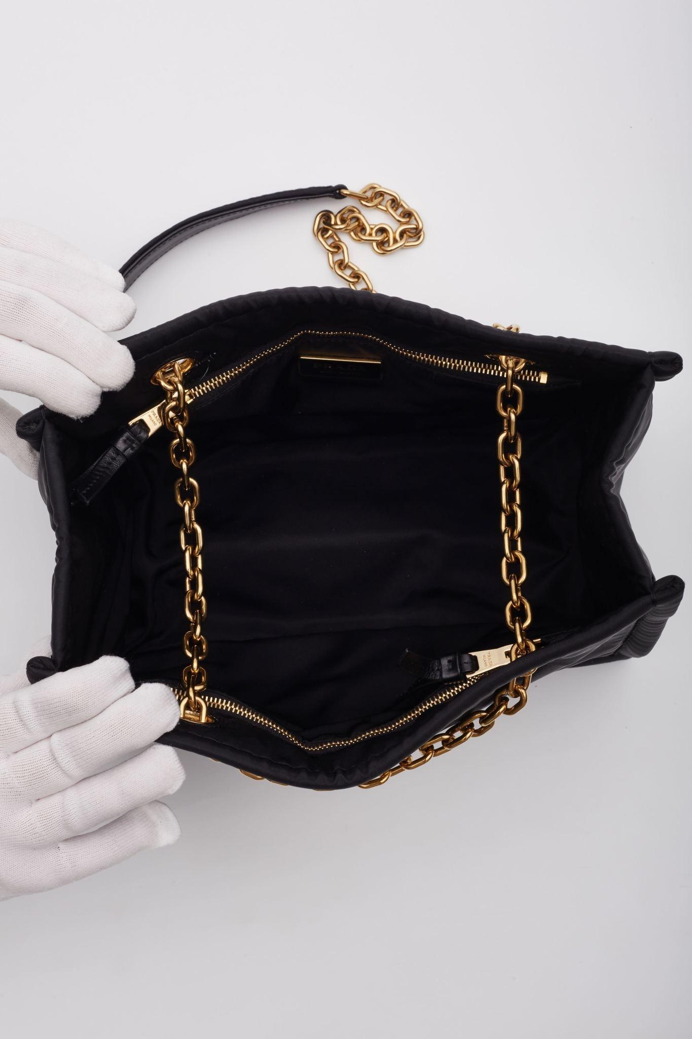 Prada Black Nylon Double Gold Chain Tote Bag For Sale 7