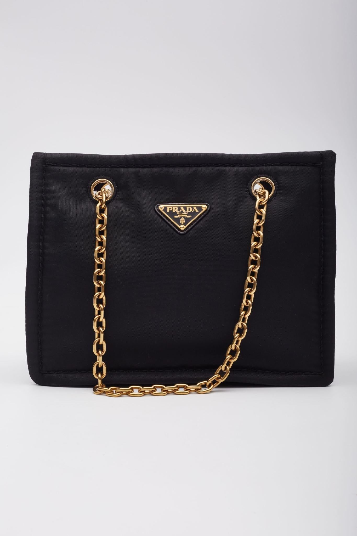 Women's Prada Black Nylon Double Gold Chain Tote Bag For Sale