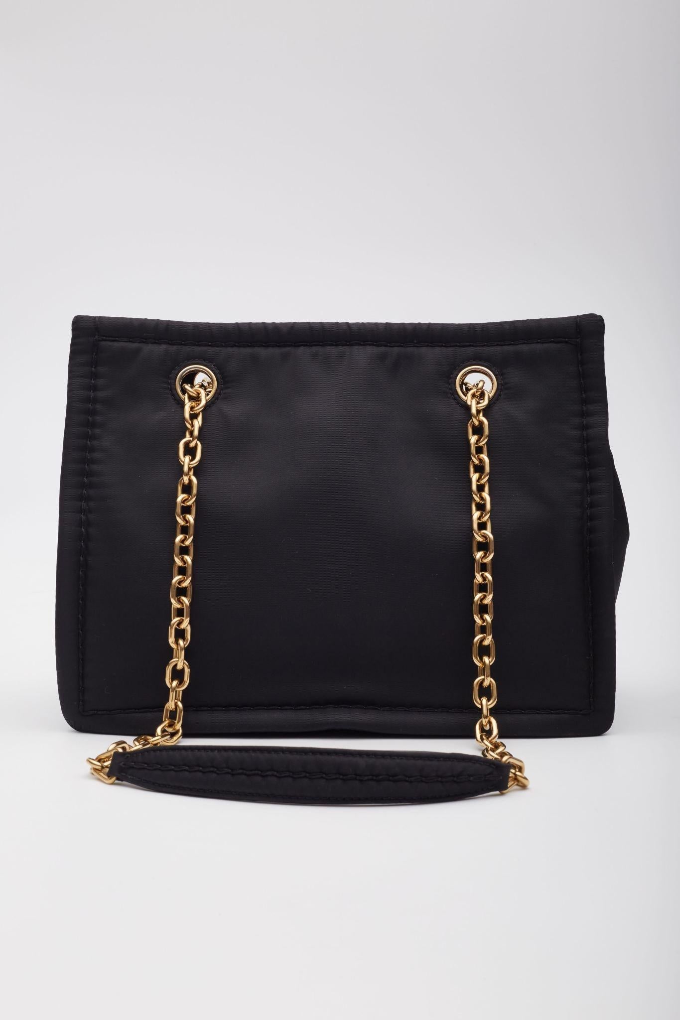 Prada Black Nylon Double Gold Chain Tote Bag For Sale 3