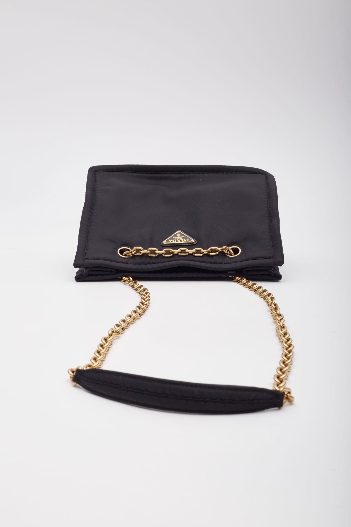 Prada Black Nylon Double Gold Chain Tote Bag For Sale 5