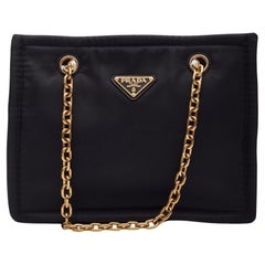 Prada Black Nylon Double Gold Chain Tote Bag