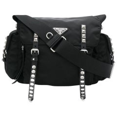 Prada Black Nylon Fabric Studded Shoulder Bag Italy