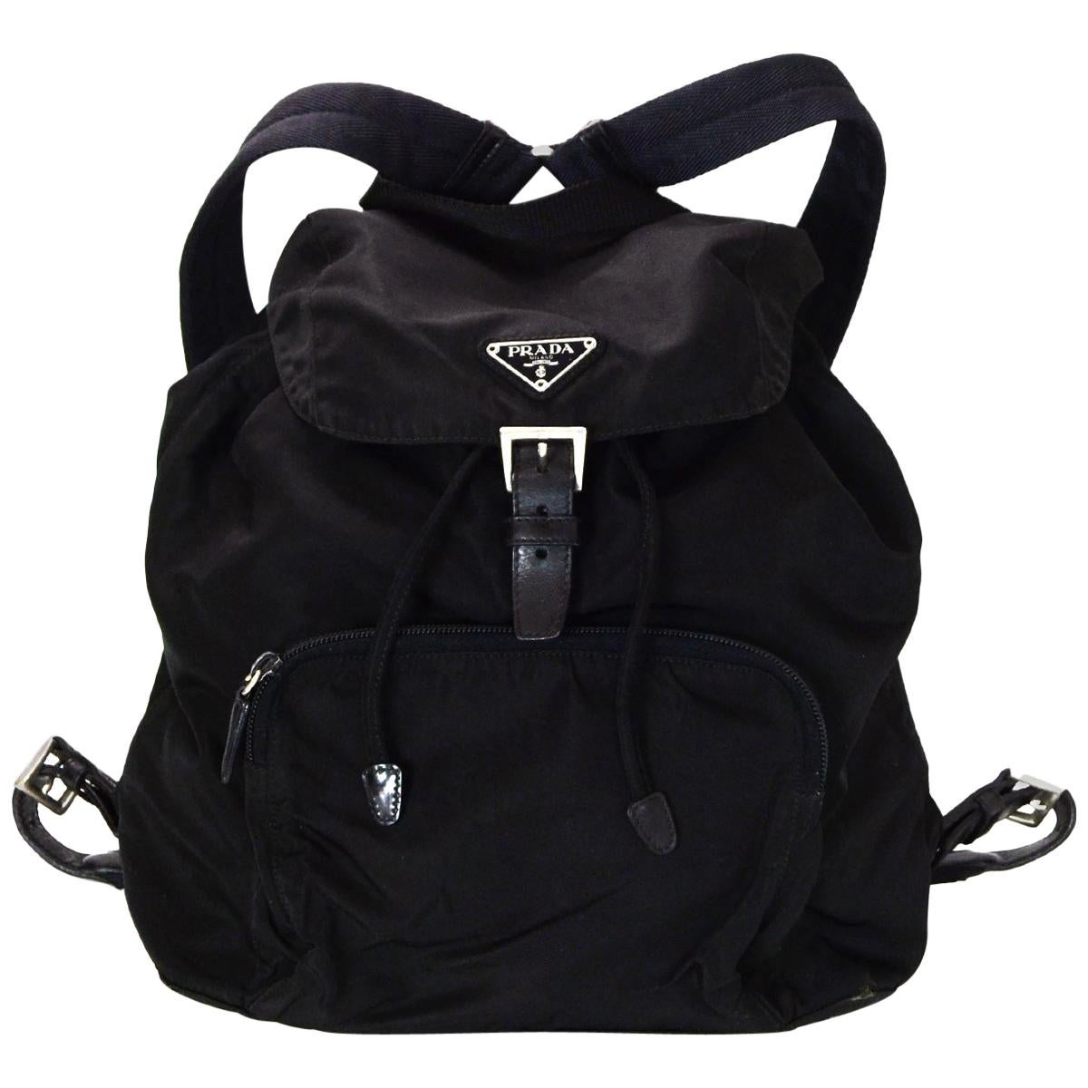 Prada Black Nylon Front Zip Pocket Backpack Bag