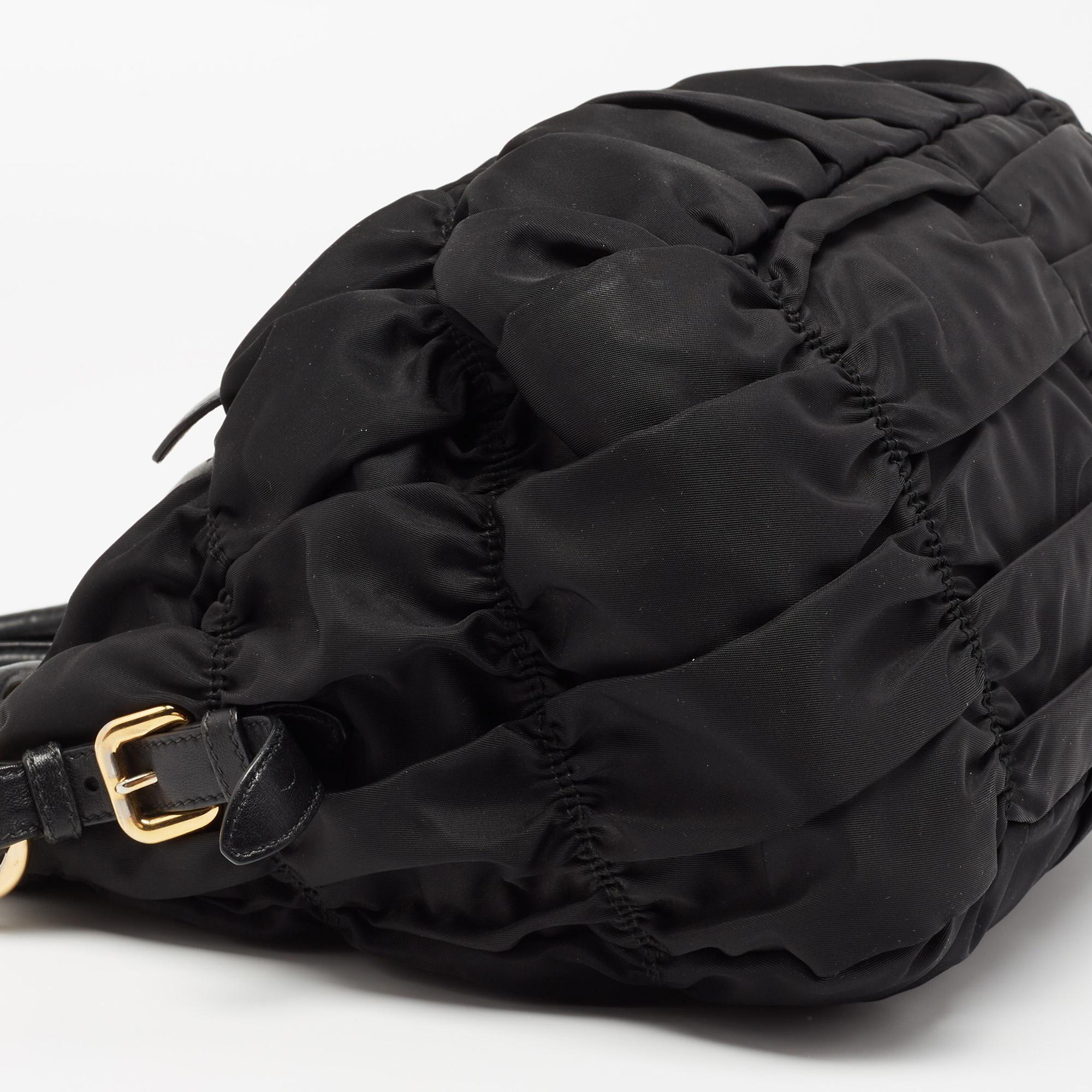 Prada Black Nylon Gaufre Ruched Medium Shopping Bag 4