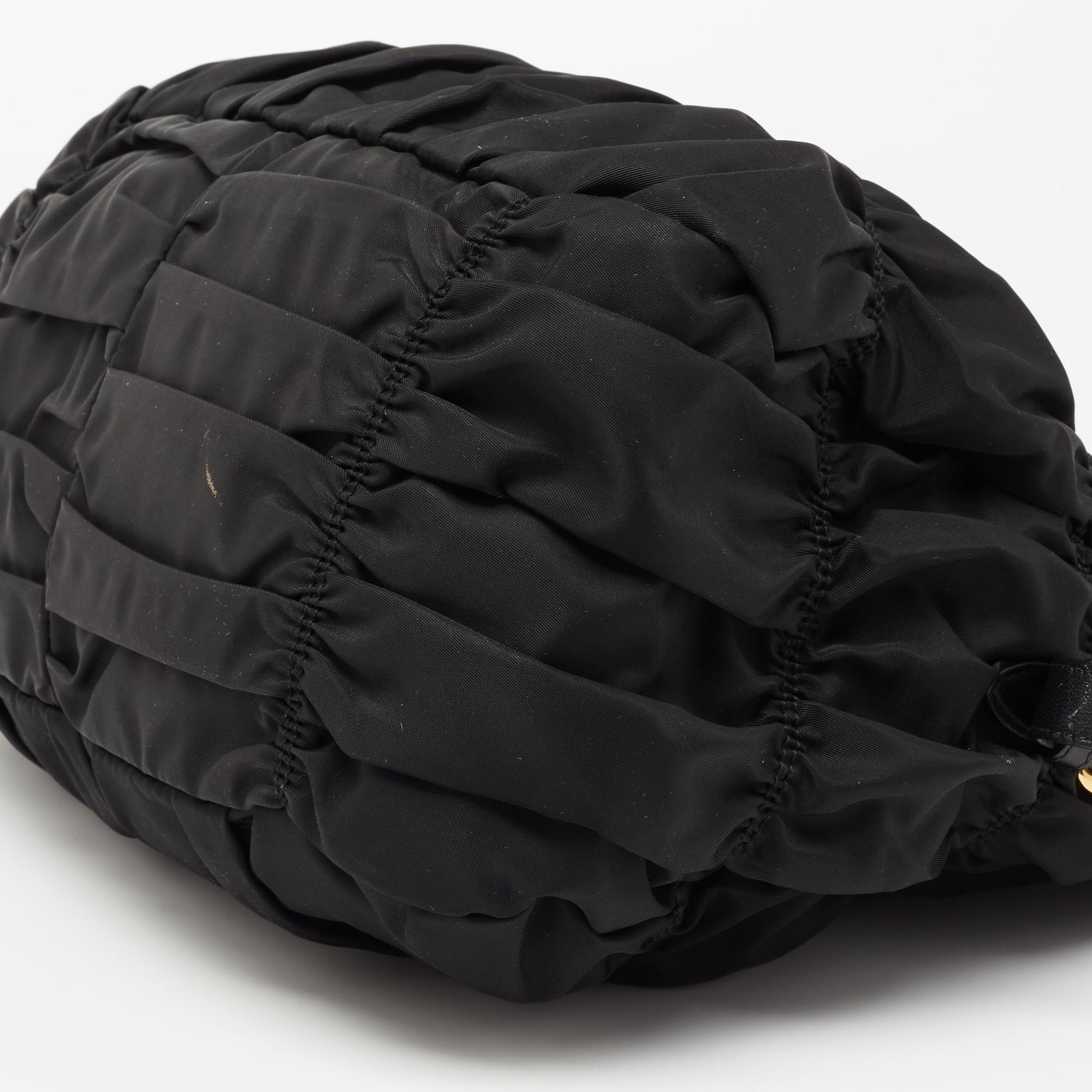 Prada Black Nylon Gaufre Ruched Medium Shopping Bag 5