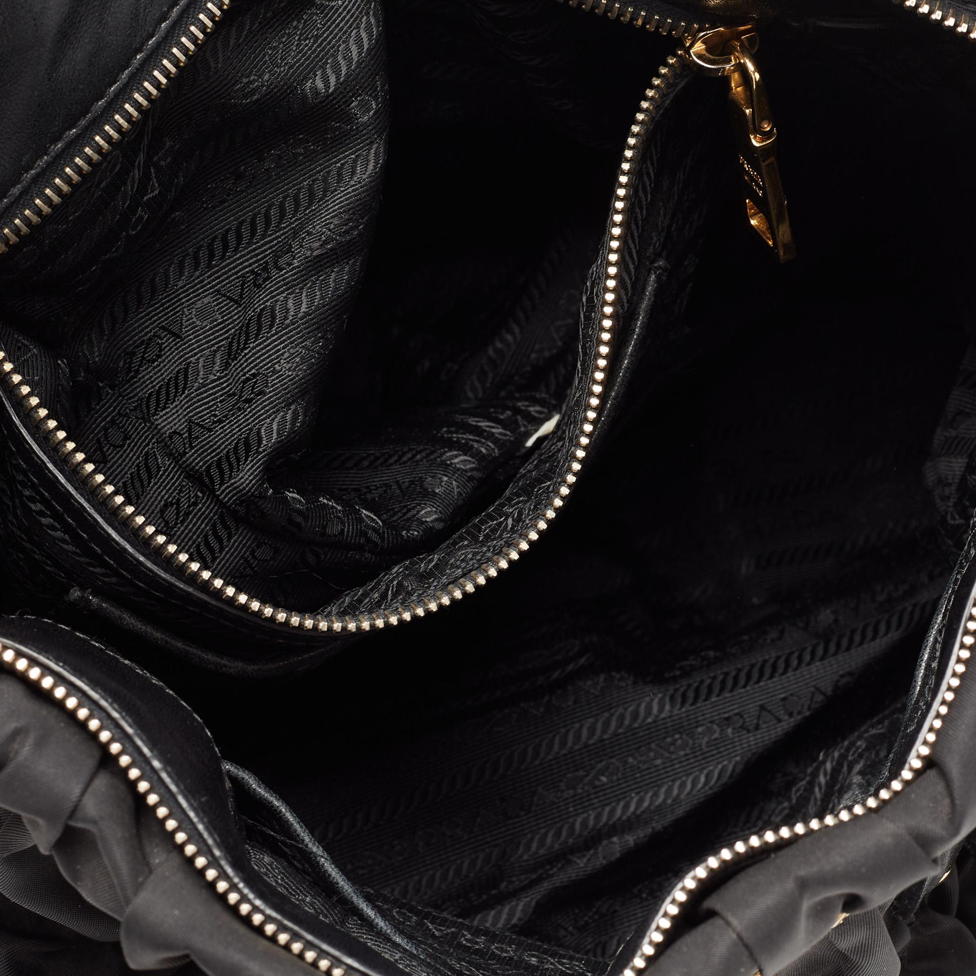Women's Prada Black Nylon Gaufre Ruched Medium Shopping Bag