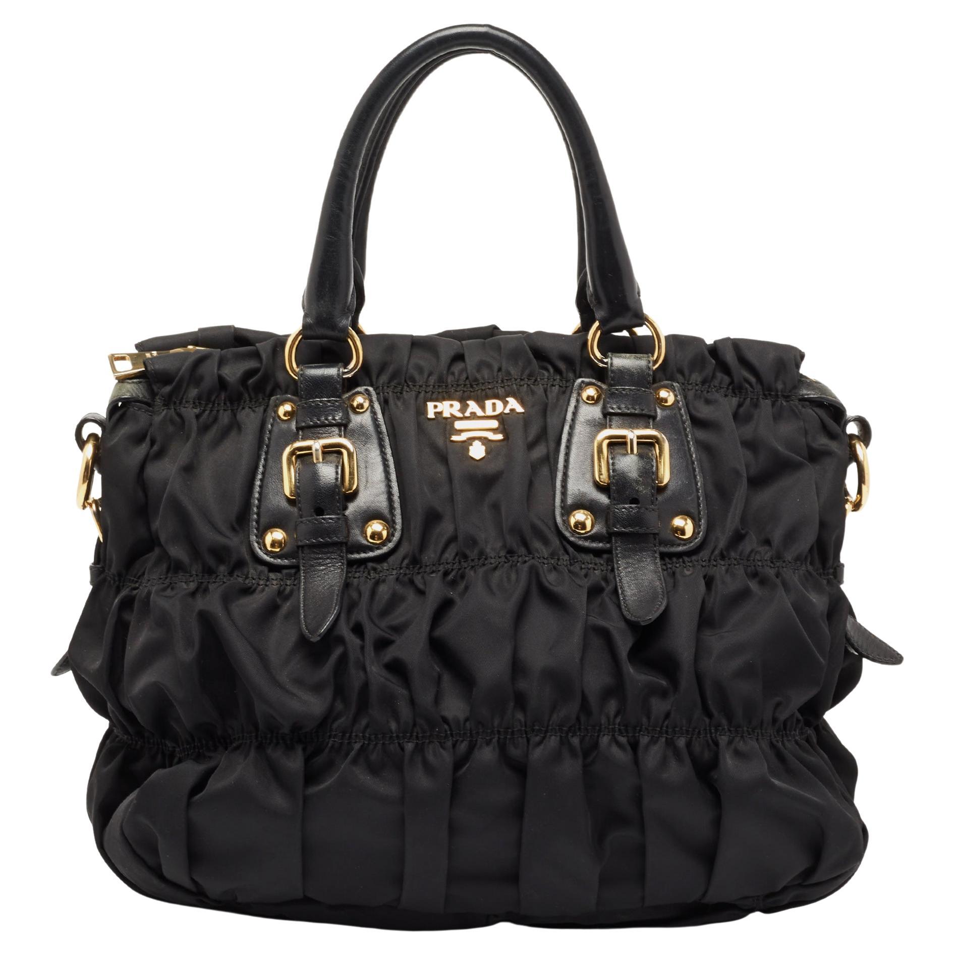 Prada Black Nylon Gaufre Ruched Medium Shopping Bag