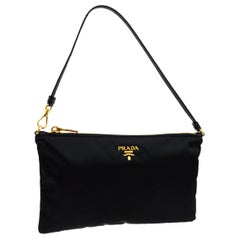 Prada Black Nylon Gold Small Mini Pochette Top Handle Evening Shoulder Bag