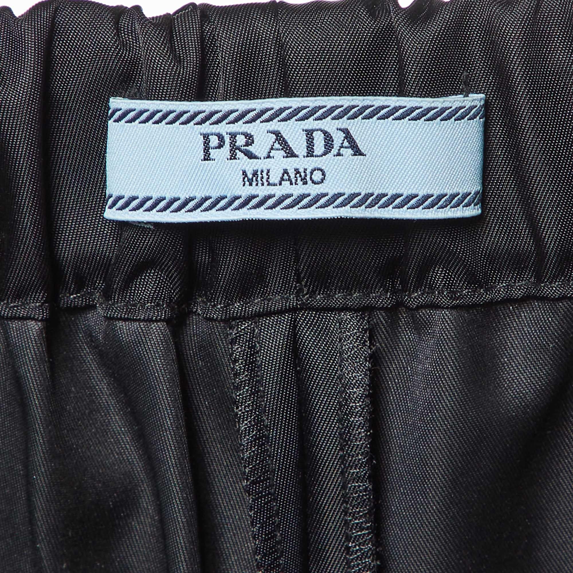 Prada Black Nylon Leather Badge Detail Trousers S 2