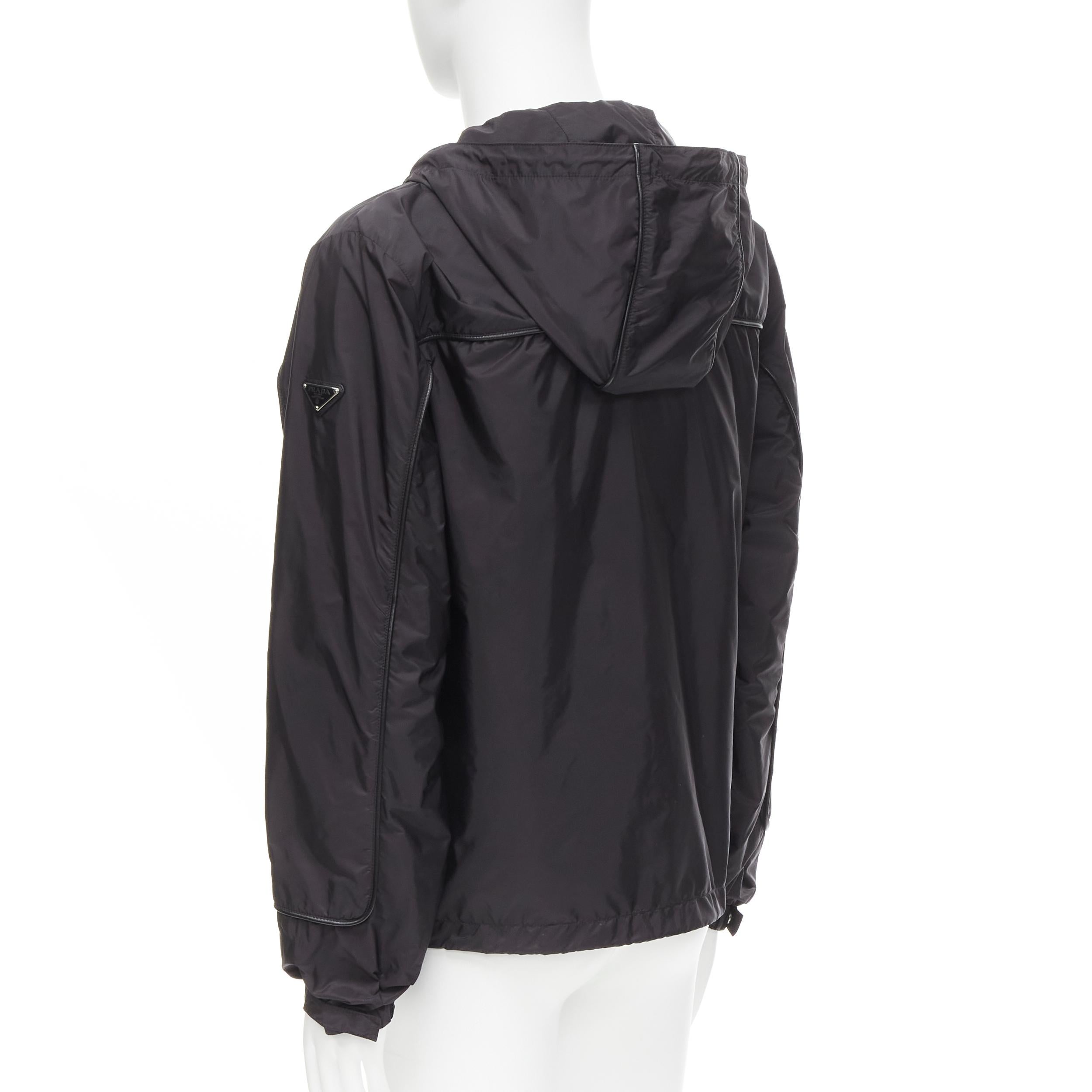 Black PRADA black nylon leather piping trim triangle seal windbreaker hooded jacket M