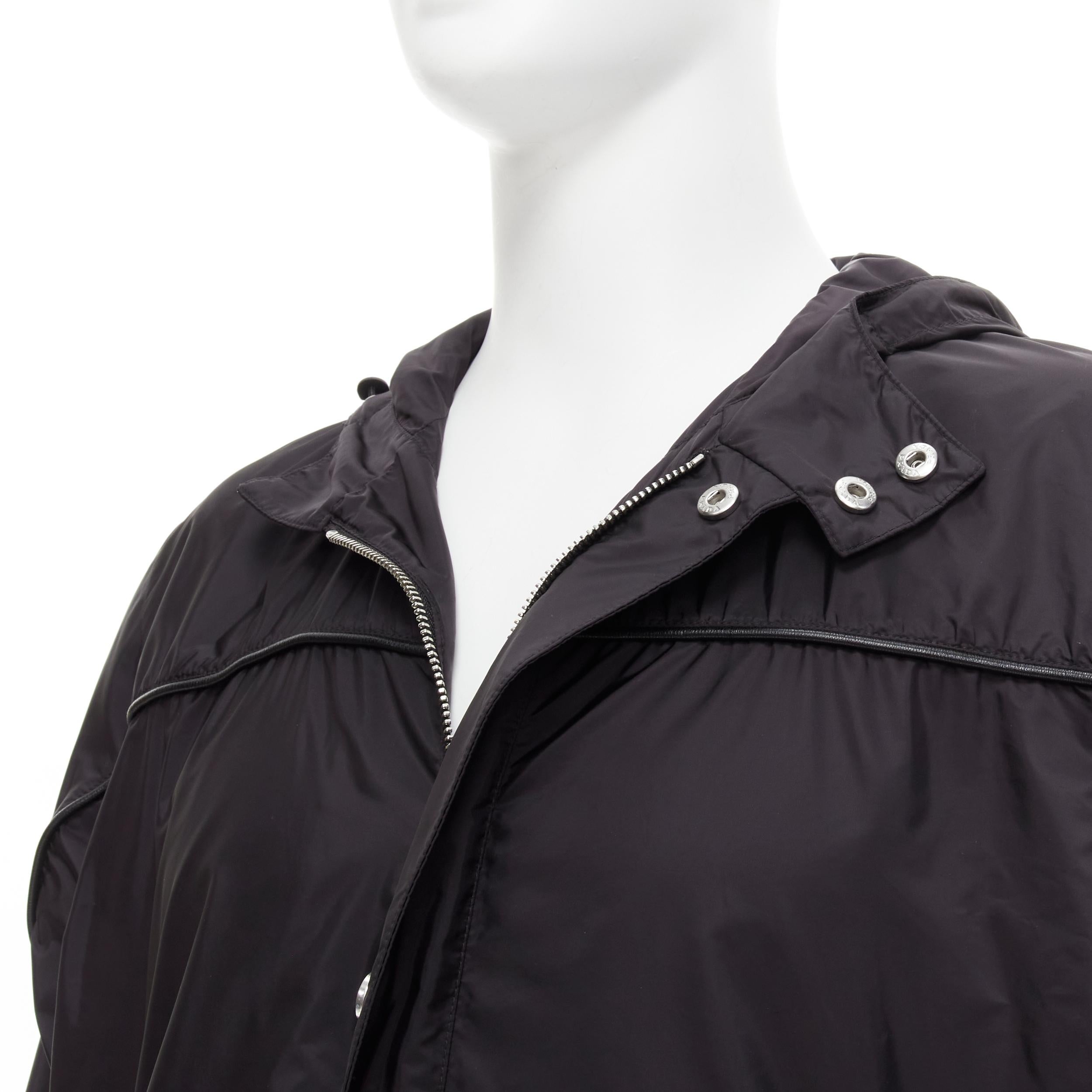 PRADA black nylon leather piping trim triangle seal windbreaker hooded jacket M In Excellent Condition In Hong Kong, NT