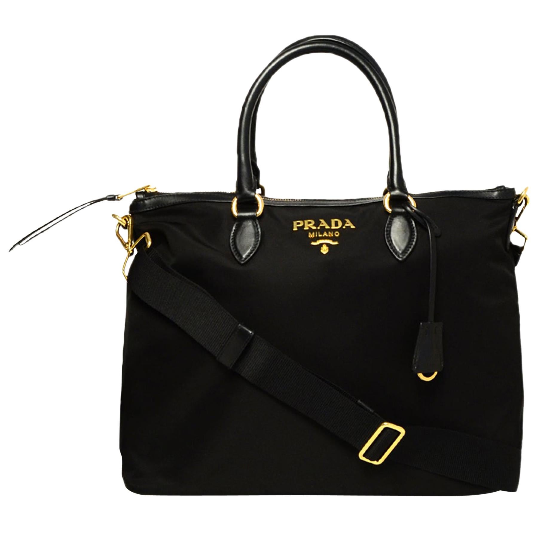 Prada Black Nylon/Leather Zip Top Tote Bag