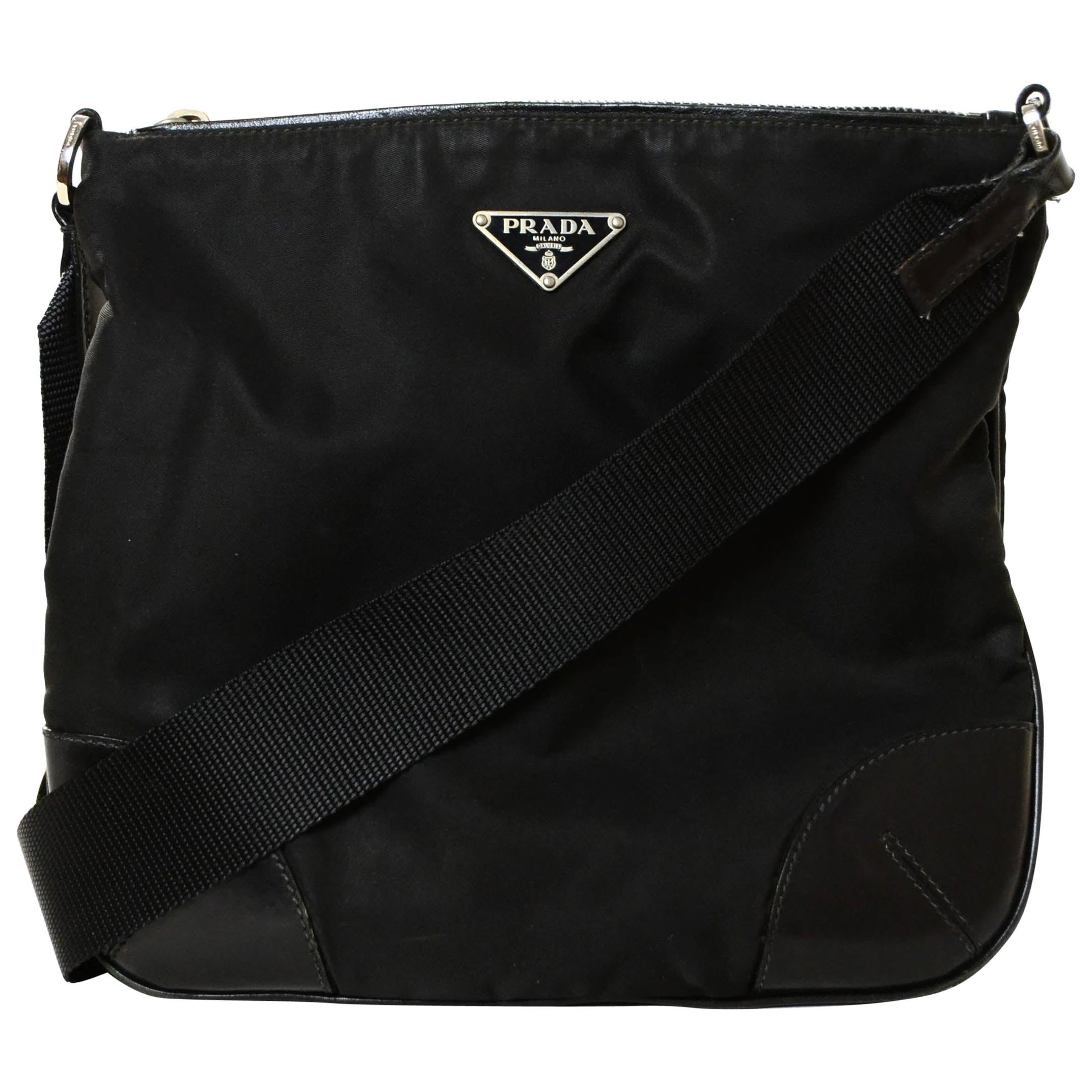Prada Black Nylon Messenger Bag w/ Leather Trim
