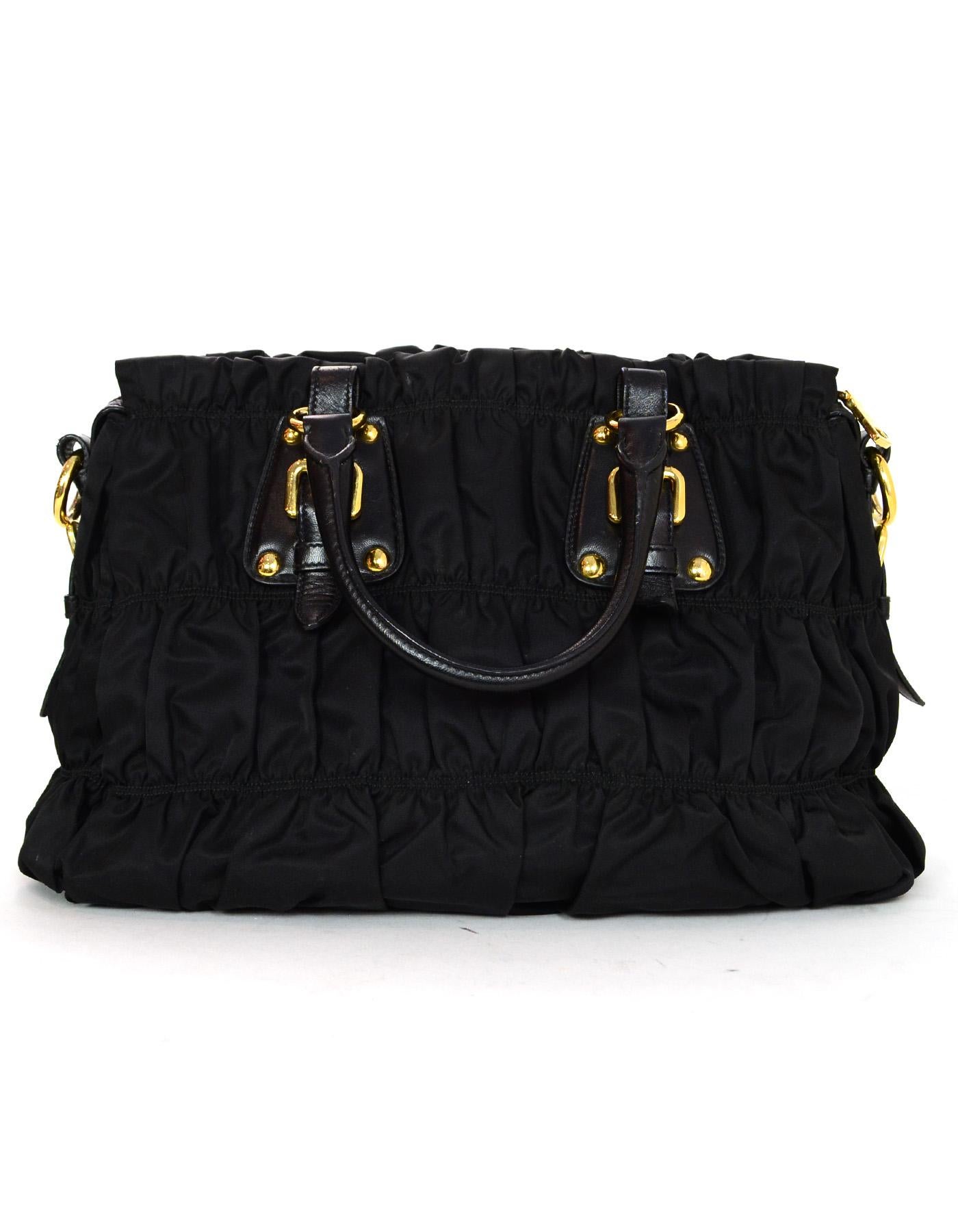 Women's Prada Black Nylon Ruched Tote Bag W/ Strap