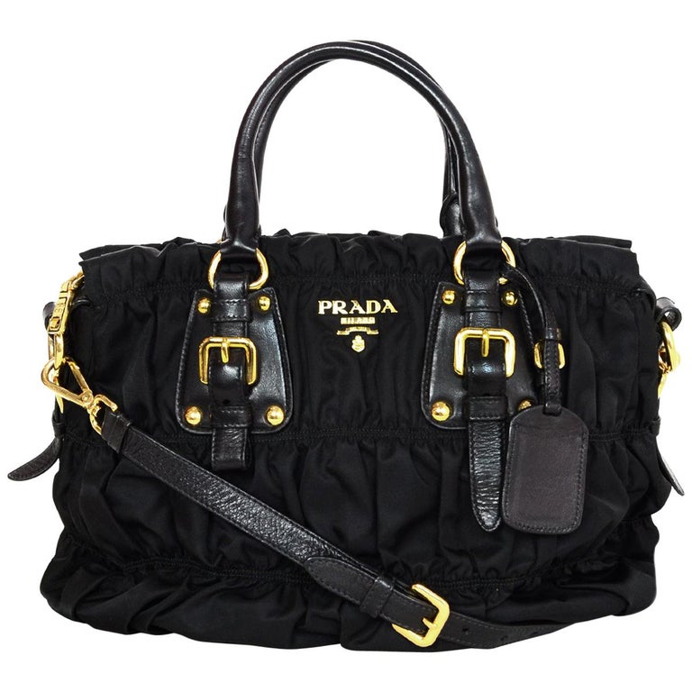 Prada Black Nylon Ruched Tote Bag W/ Strap For Sale at 1stdibs
