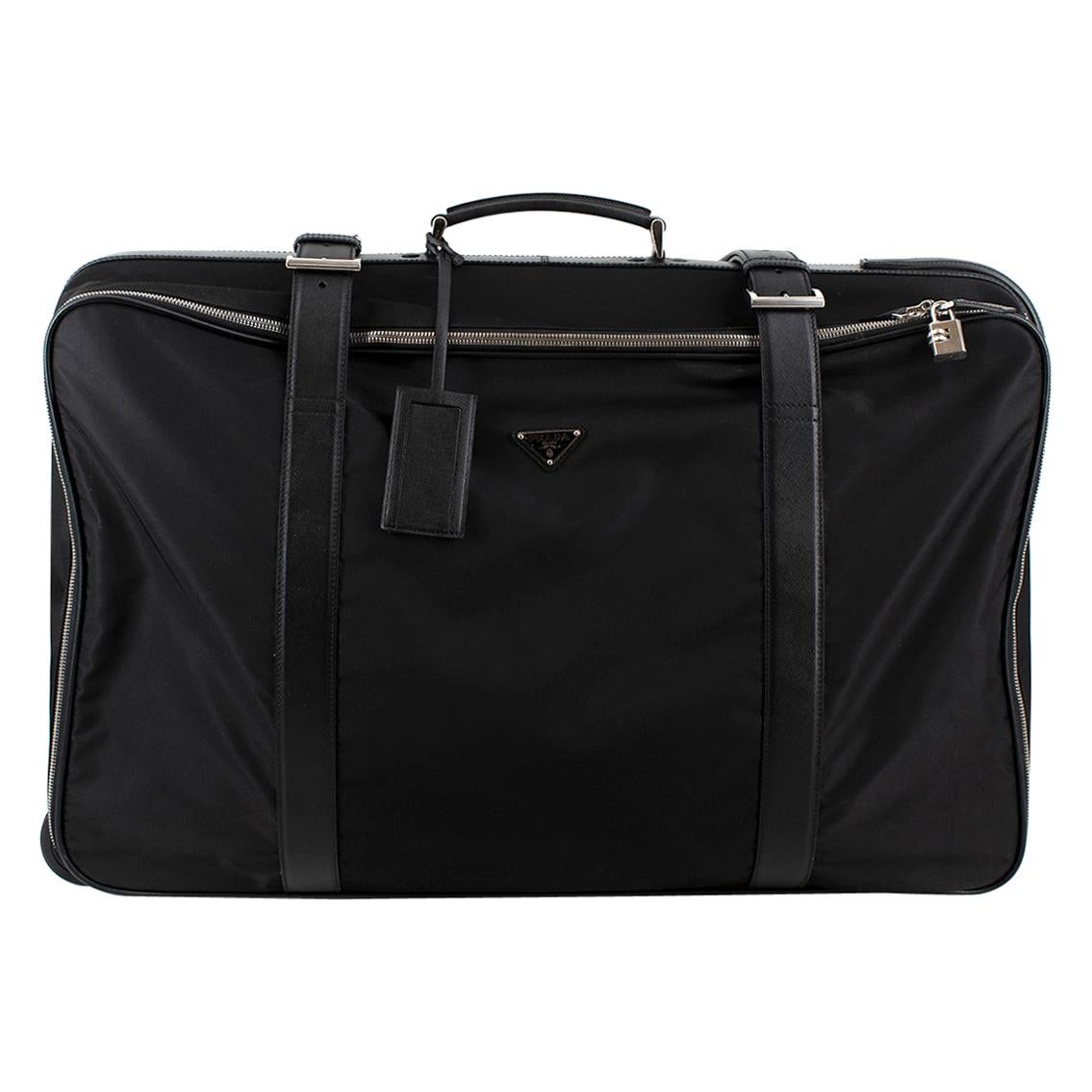 Prada Black Nylon & Saffiano Leather Semi-Rigid Suitcase For Sale