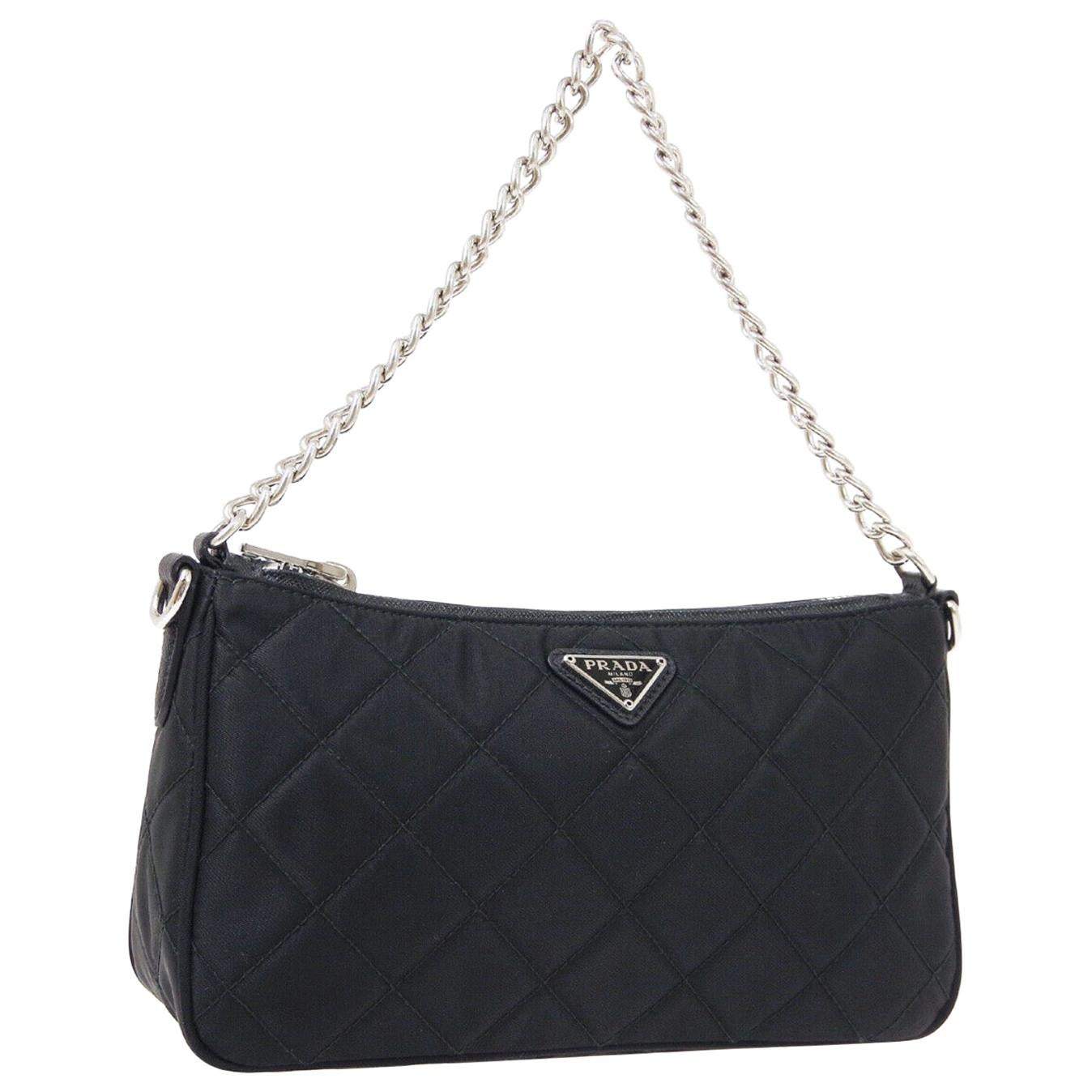 Prada Black Nylon Silver Chain Pochette Small Top Handle Shoulder Bag at  1stDibs | prada bag silver chain, prada silver chain bag, black and silver prada  bag