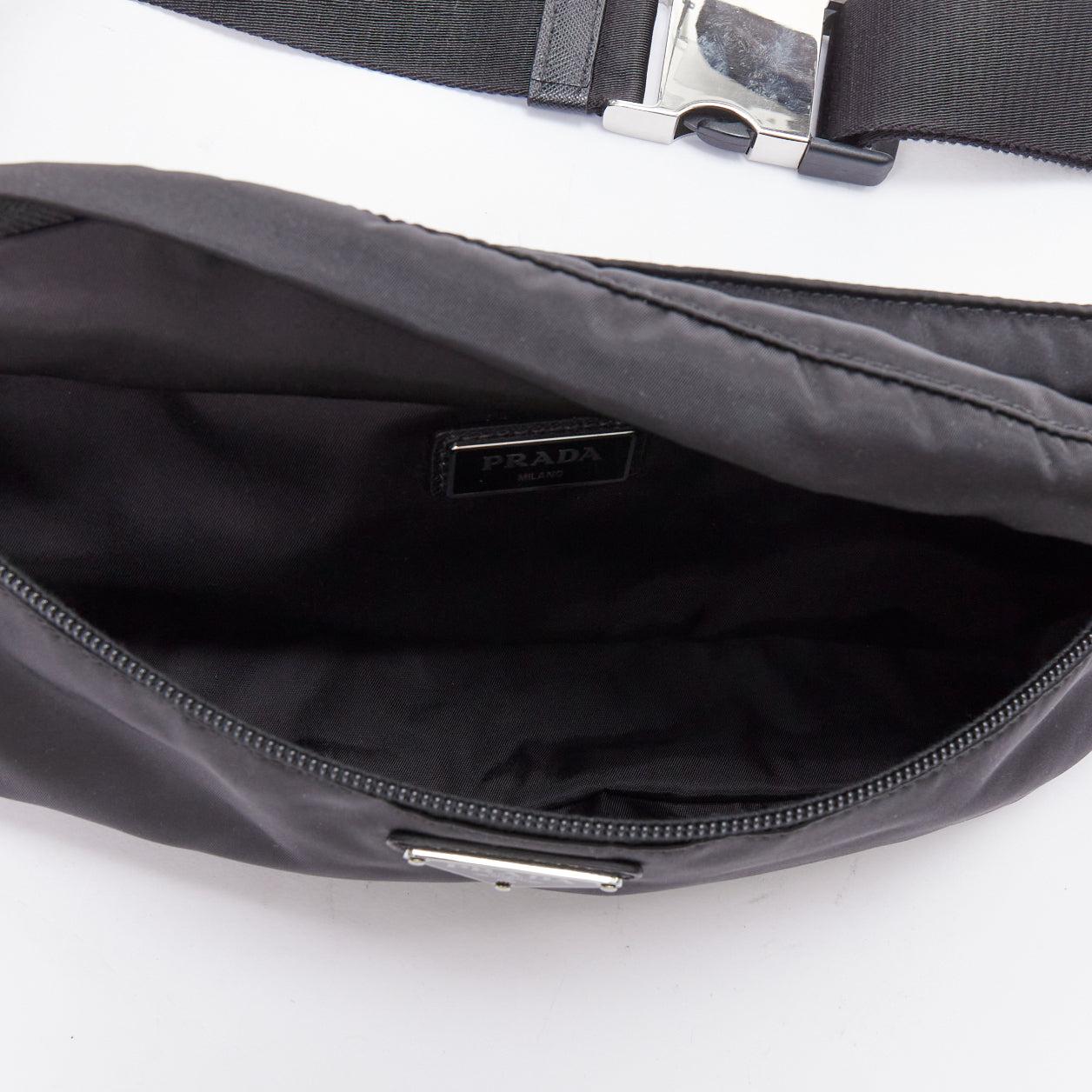 PRADA black nylon silver logo triangle buckle belt bag For Sale 3