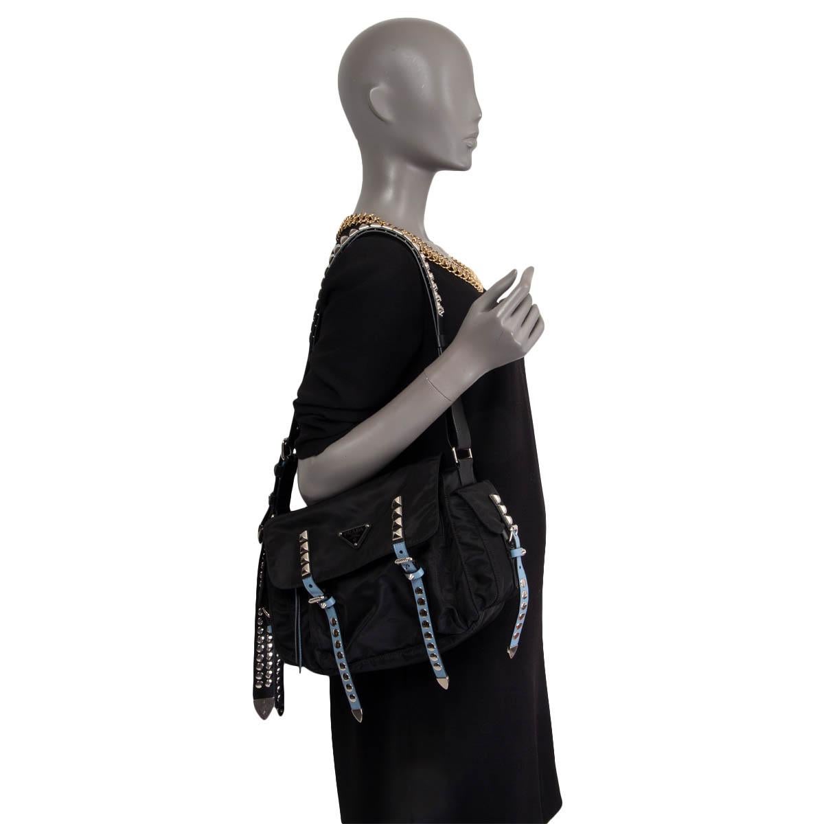 PRADA black nylon STUDDED NEW VELA MESSENGER Shoulder Bag In Excellent Condition In Zürich, CH