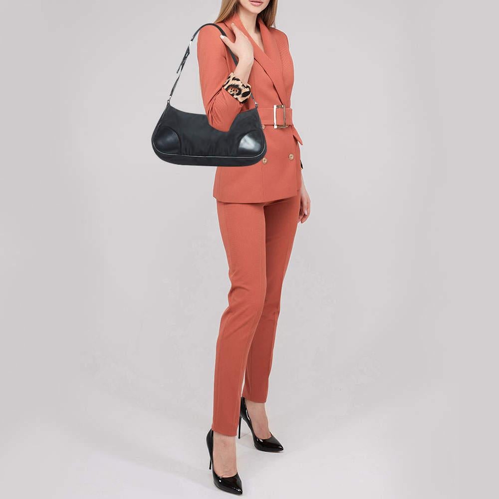 Prada Black Nylon Tessuto and Leather Baguette Bag In Fair Condition In Dubai, Al Qouz 2