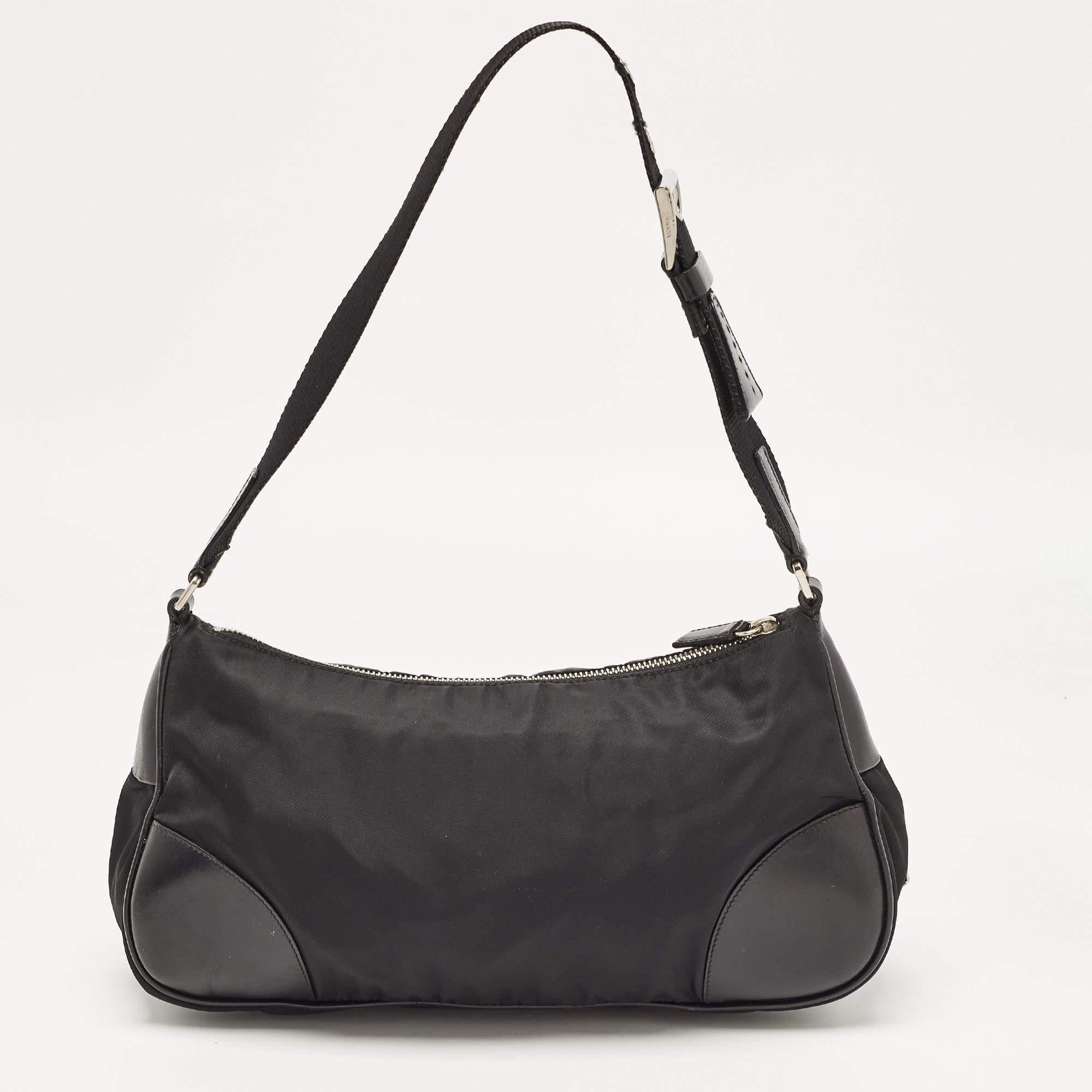 Prada Black Nylon Tessuto and Leather Baguette Bag 2