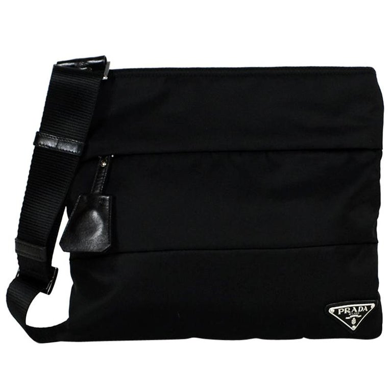 Prada Black Nylon Vertical Quilted Flat Messenger Bag w/ Clochette For ...