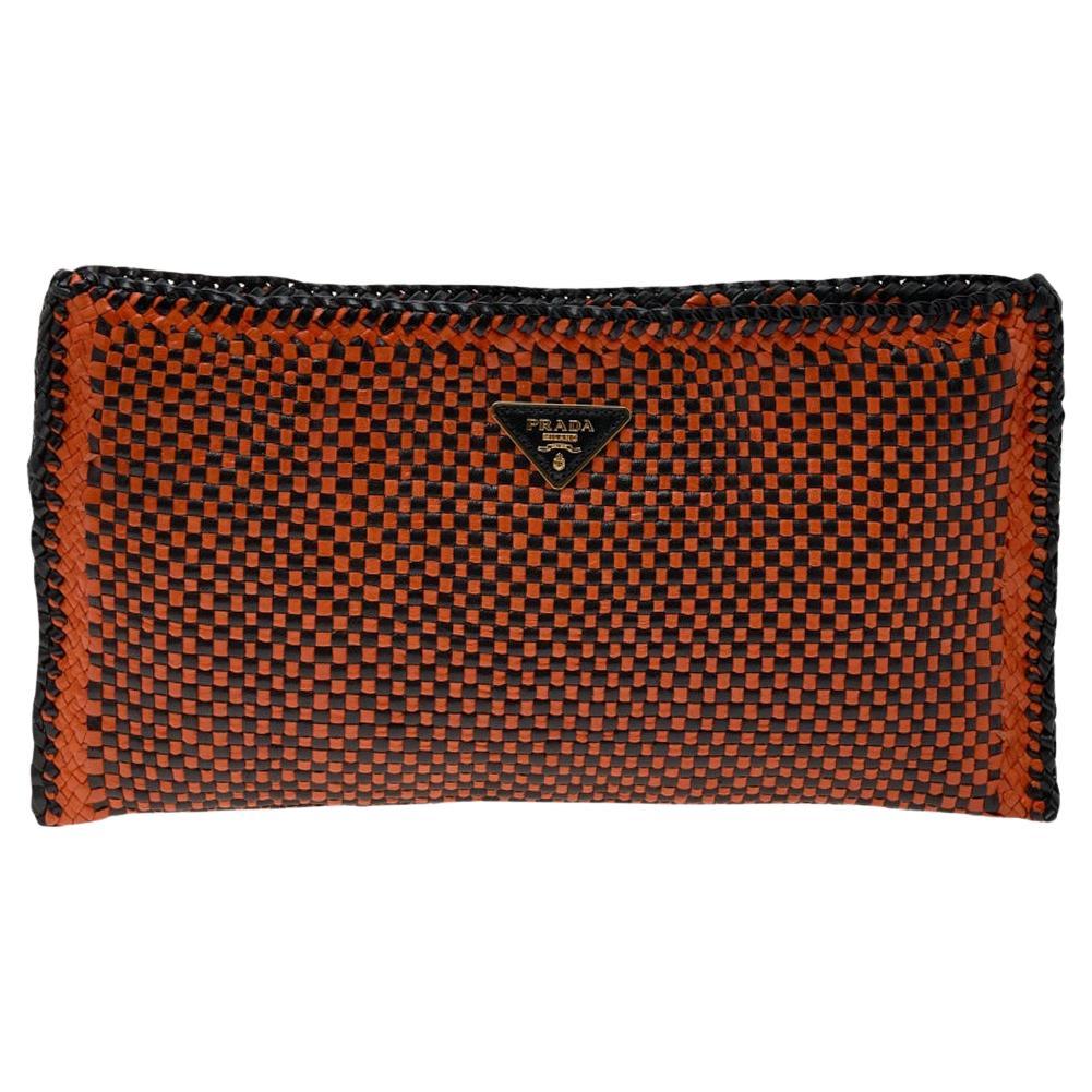 Prada Black/Orange Woven Leather Clutch