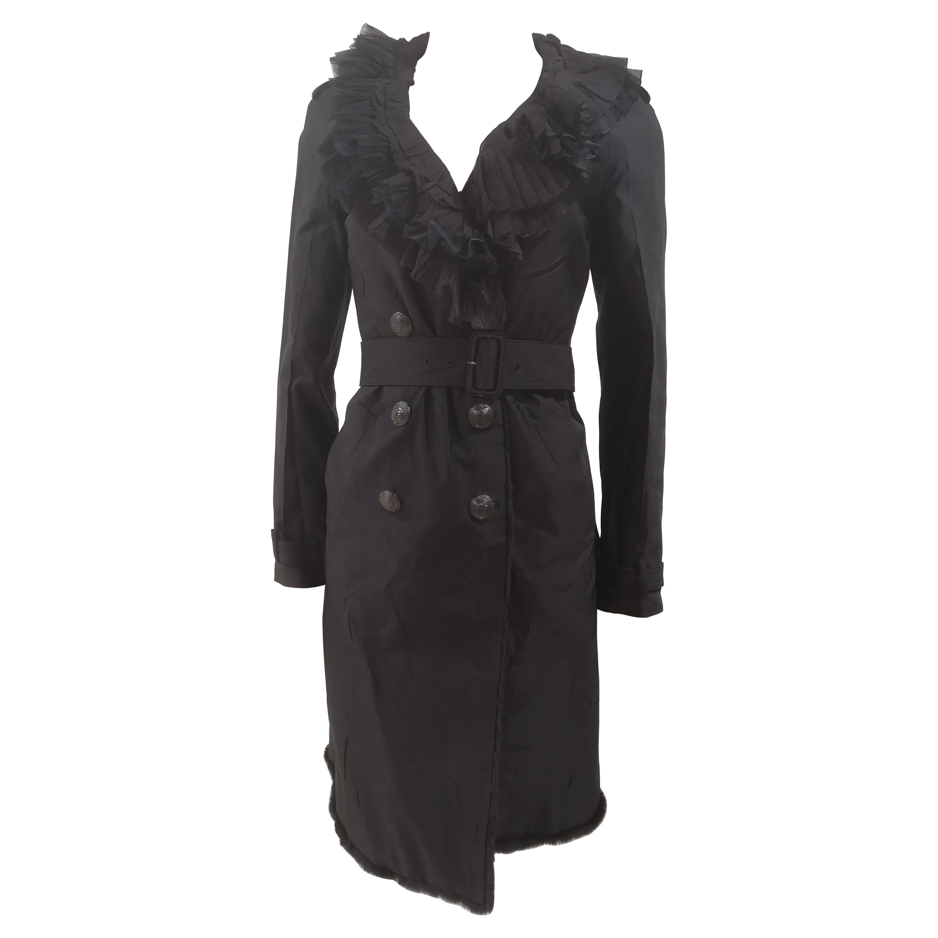 Prada black organza fur trench coat For Sale