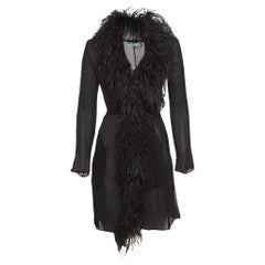 Prada Black Ostrich Feather and Silk Crinkle Semi Sheer Mid Length Coat XS