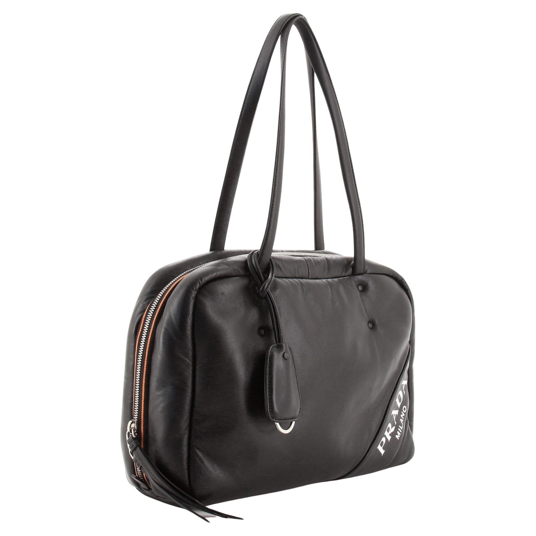 Prada Black Padded Nappa Leather Medium Bowler Bag For Sale