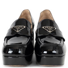 Prada black patent 2023 CHOCOLATE FLOW LOGO BLOCK HEEL LOAFER Pumps Shoes 39