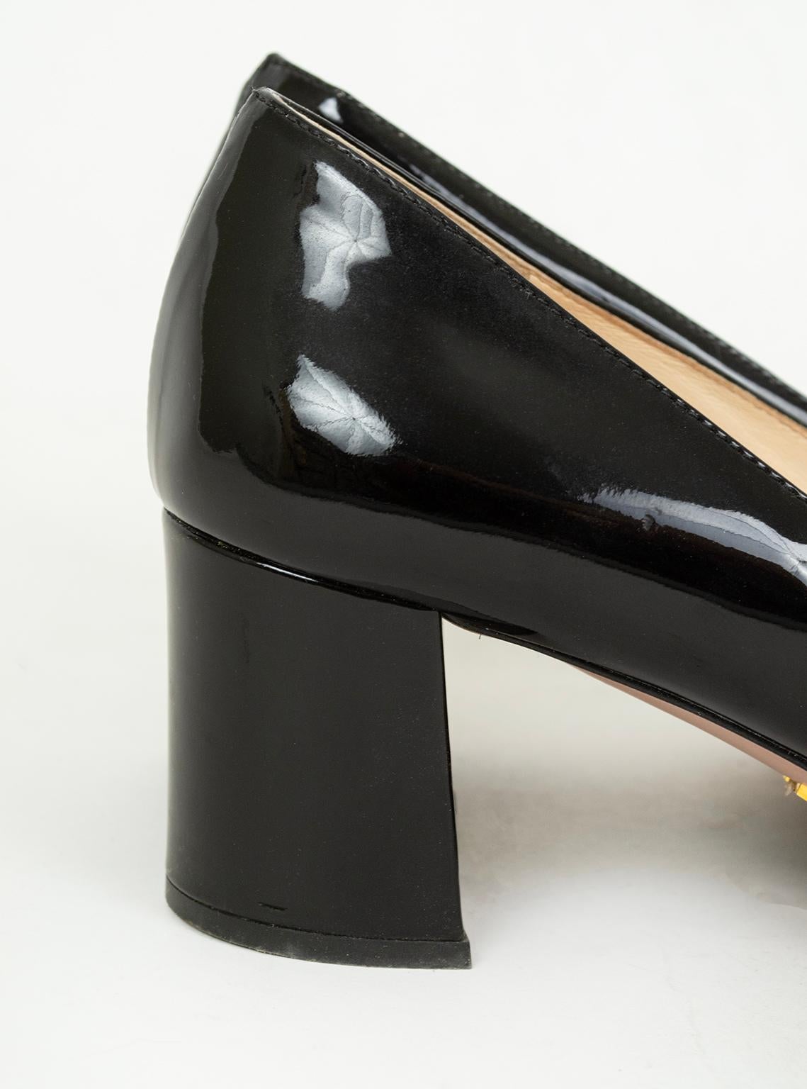 Prada Black Patent Block Heel Buckle Toe Loafer Pumps – 38.5, 2006 For Sale 2