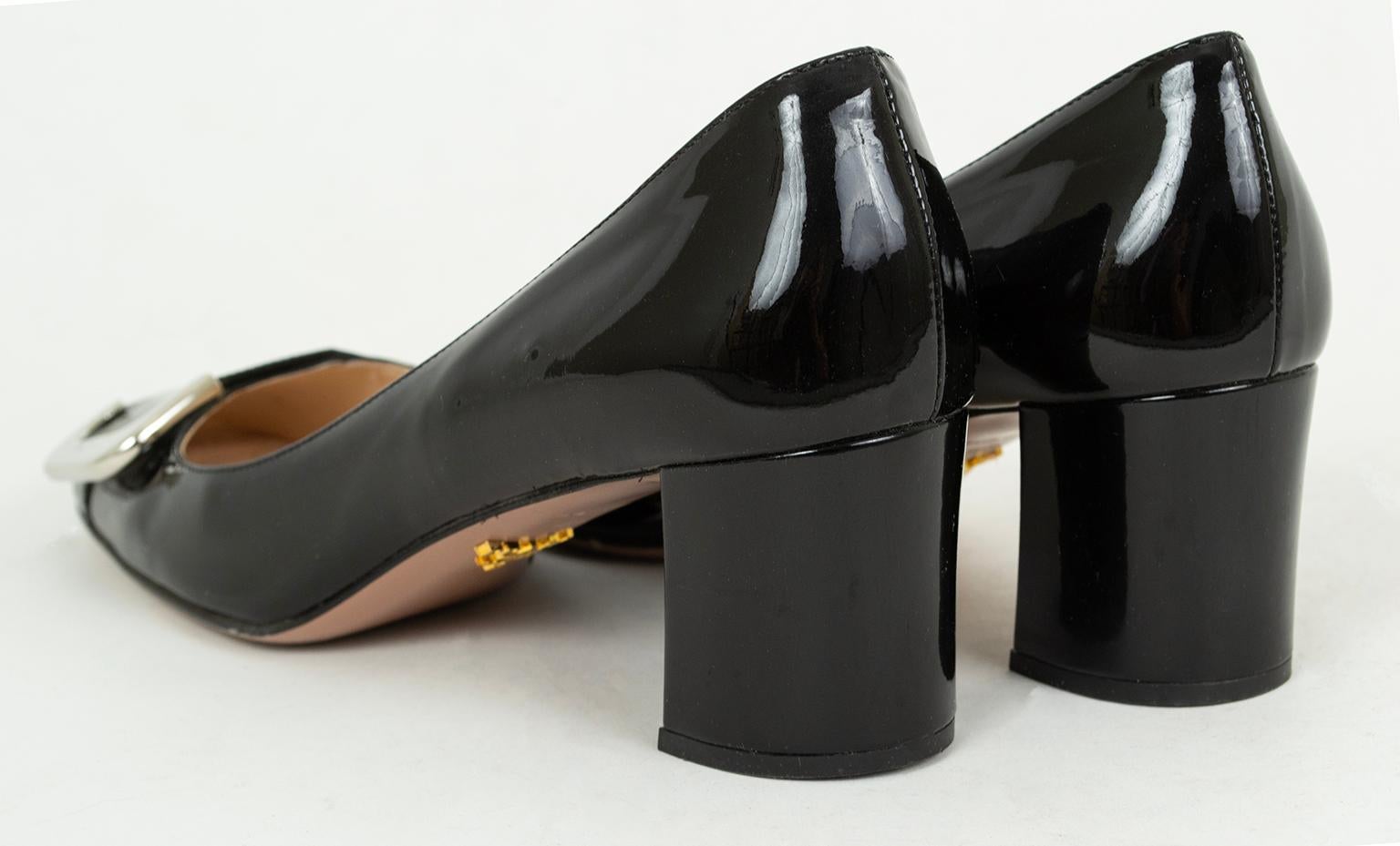Prada Black Patent Block Heel Buckle Toe Loafer Pumps – 38.5, 2006 For Sale 3