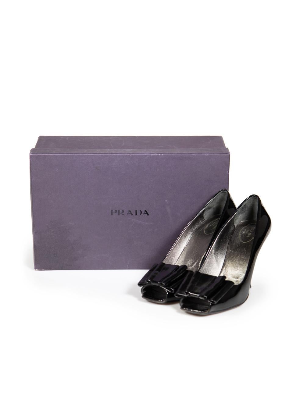 Prada Black Patent Bow Open Toe Heels Size IT 37.5 For Sale 6