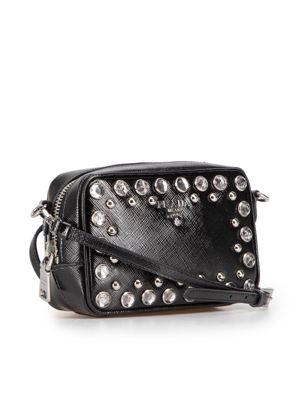CONDITION is Good. Minor wear to bag is evident. Light wear to embellishment only where a number of crystal studs have cracked but are still intact on this used Prada designer resale item.
  
  Details
  Black
  Patent scotchgrain saffiano leather
 