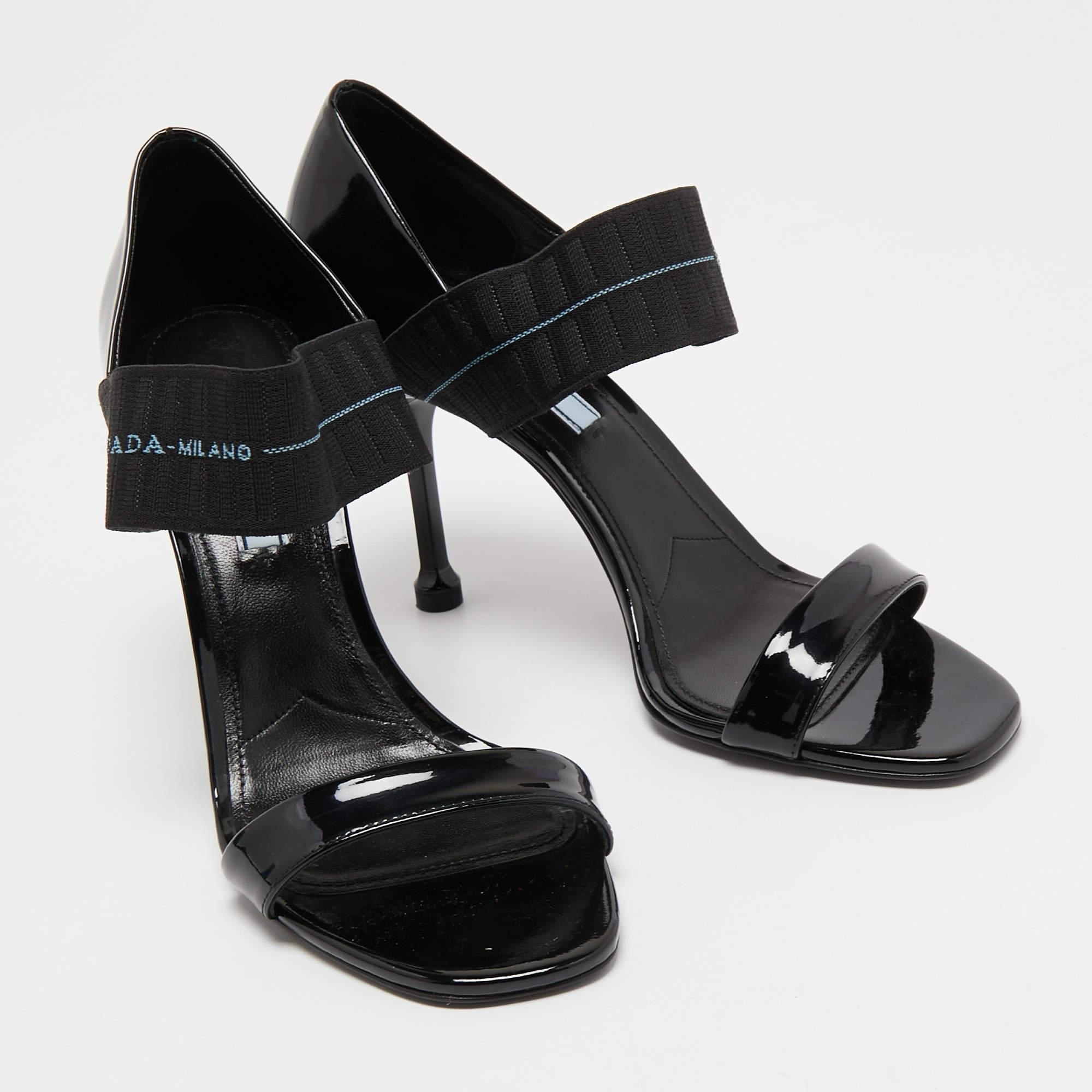 Prada Black Patent Leather and Logo Elastic Ankle Strap Sandals Size 39 For Sale 1