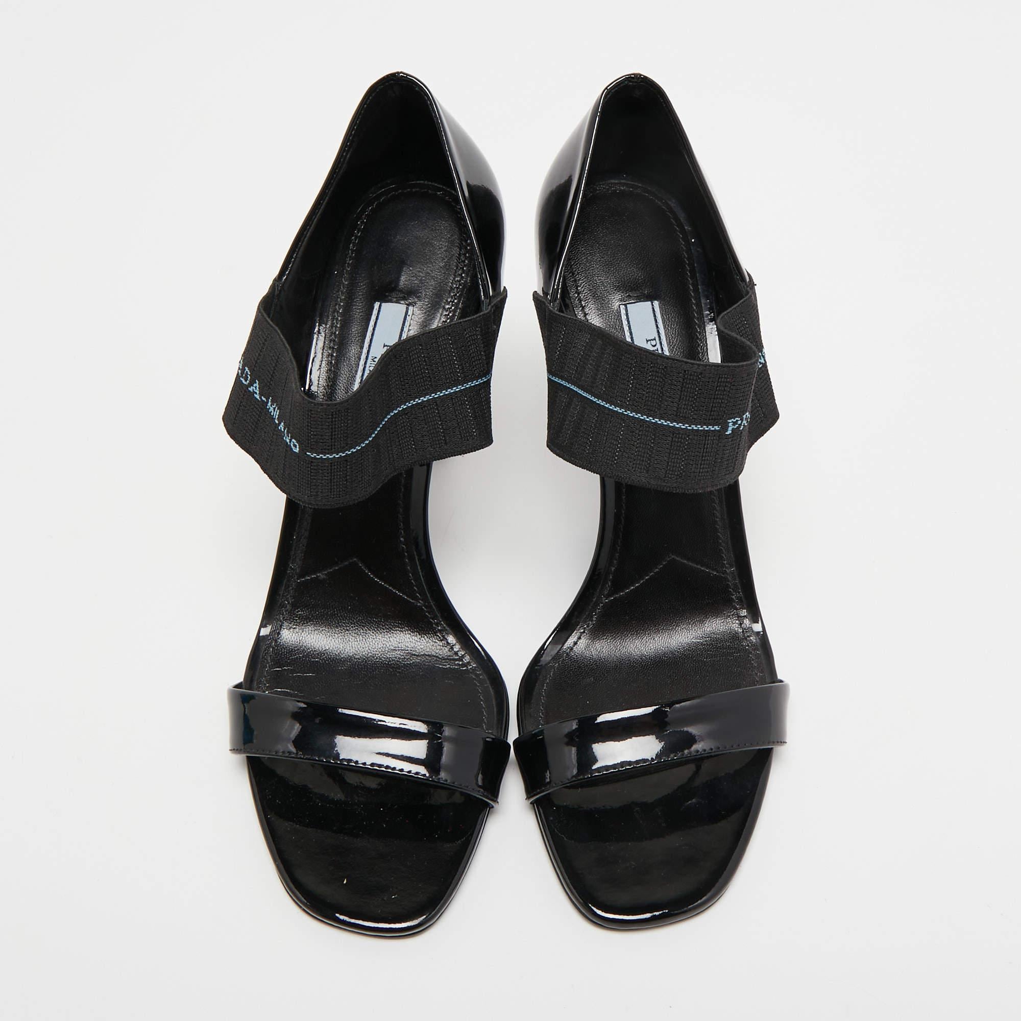 Prada Black Patent Leather and Logo Elastic Ankle Strap Sandals Size 39 For Sale 3