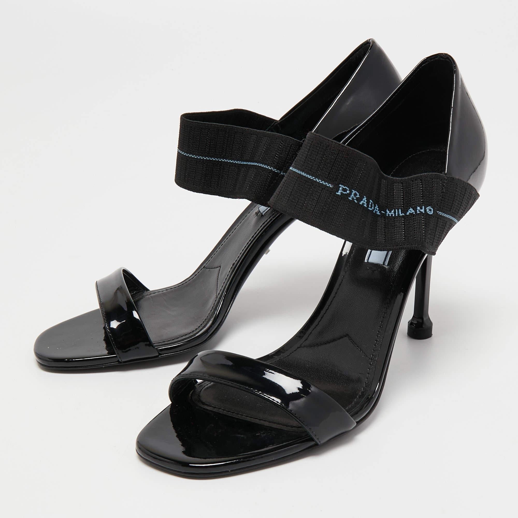Prada Black Patent Leather and Logo Elastic Ankle Strap Sandals Size 39 For Sale 4