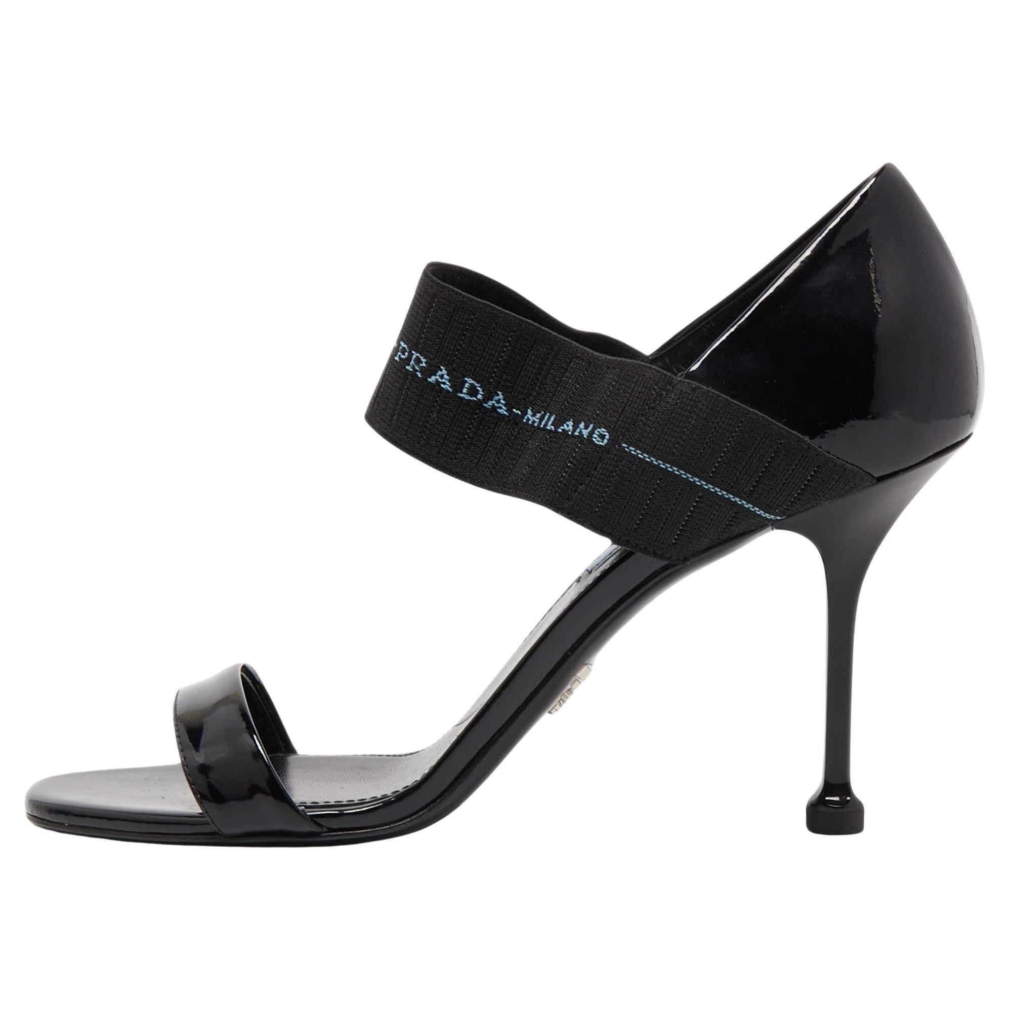 Prada Black Patent Leather and Logo Elastic Ankle Strap Sandals Size 39 For Sale