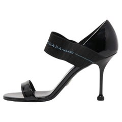 Used Prada Black Patent Leather and Logo Elastic Ankle Strap Sandals Size 39