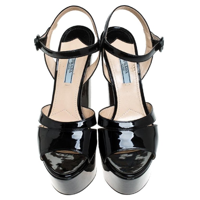 Prada Black Patent Leather Ankle Strap Block Heel Platform Sandals Size ...