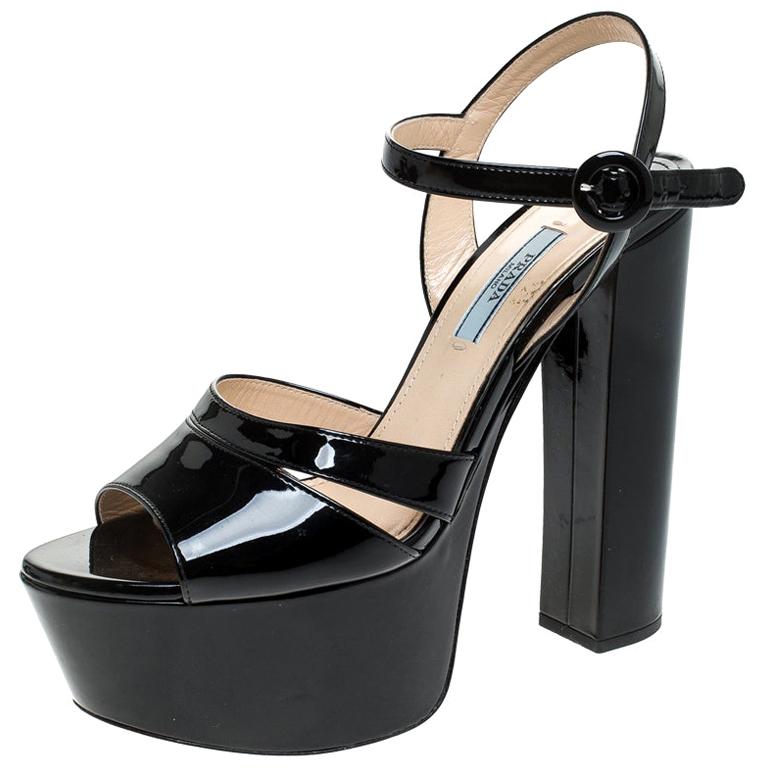 Prada Black Patent Leather Ankle Strap Block Heel Platform Sandals Size ...