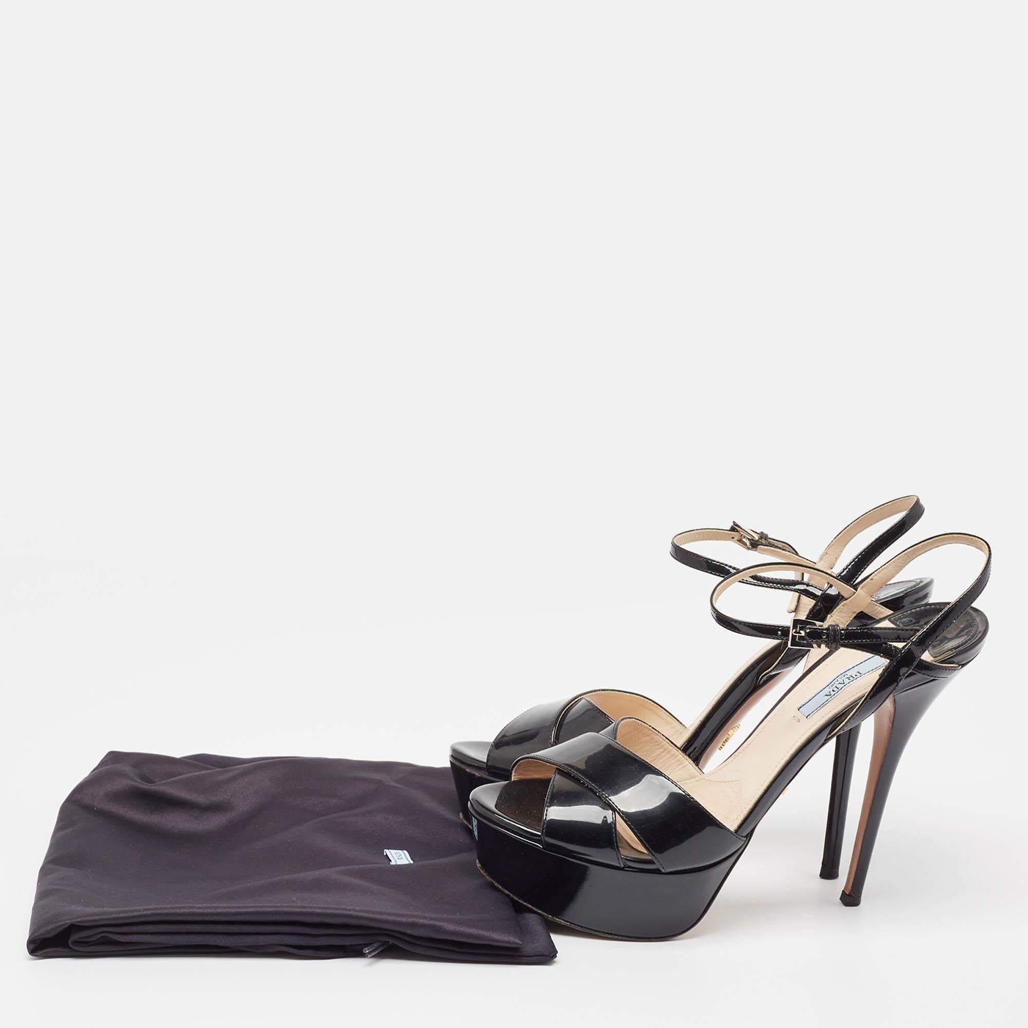 Prada Black Patent Leather Ankle Strap Platform Sandals Size 39.5 5