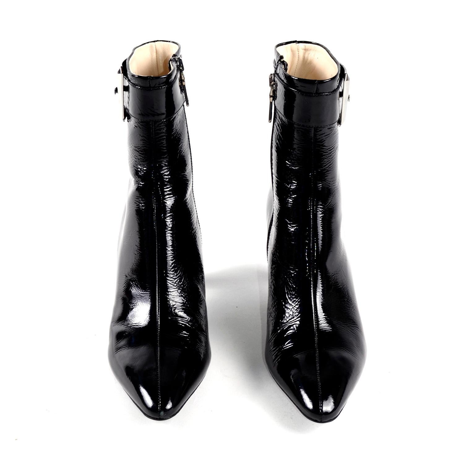 Women's Prada Black Patent Leather Boots W Cone Heels & Silver Buckles in Size 38.5