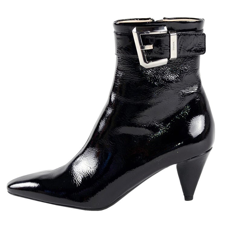 black patent leather boots with clear heel