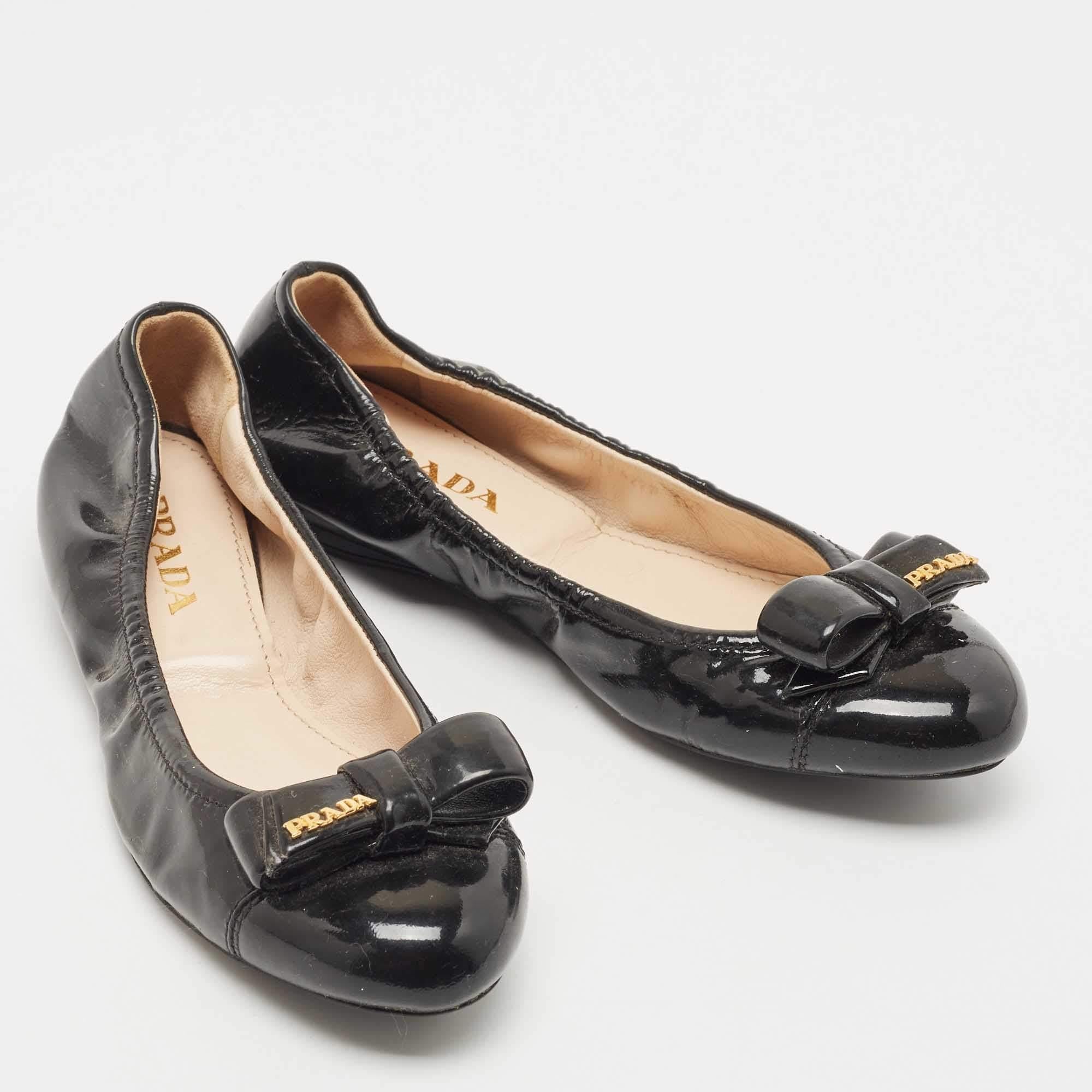 Women's Prada Black Patent Leather Bow Detail Ballet Flats Size 36.5