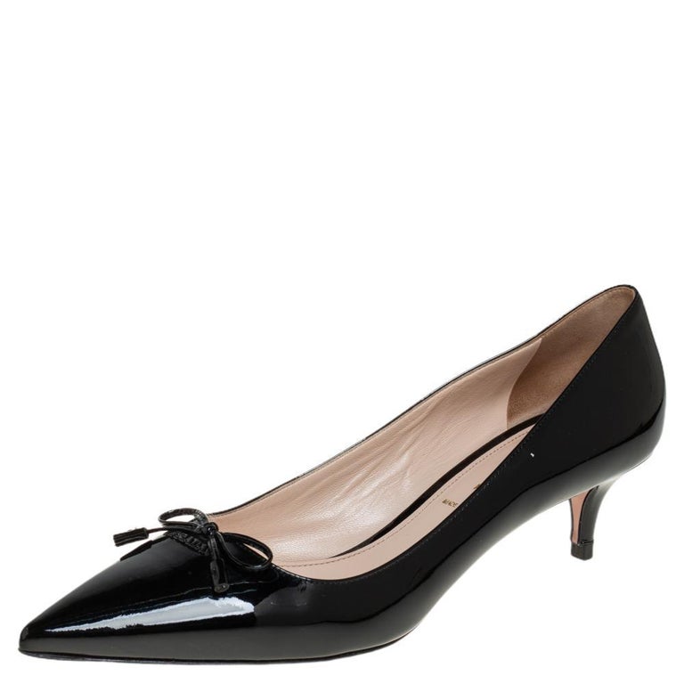 Prada Black Patent Leather Bow Pointed Toe Pumps Size 41 at 1stDibs | prada  low heels