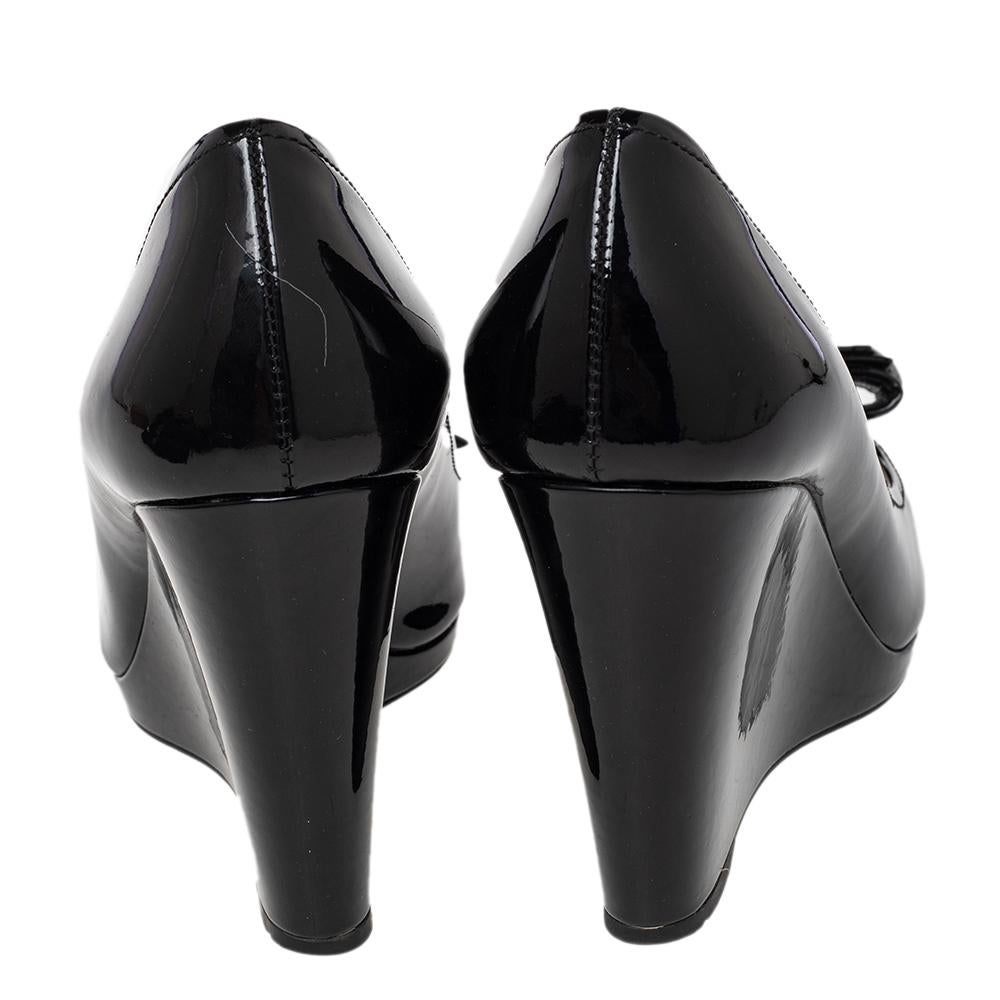 Prada Black Patent Leather Bow Wedge Peep-Toe Pumps Size 38.5 2