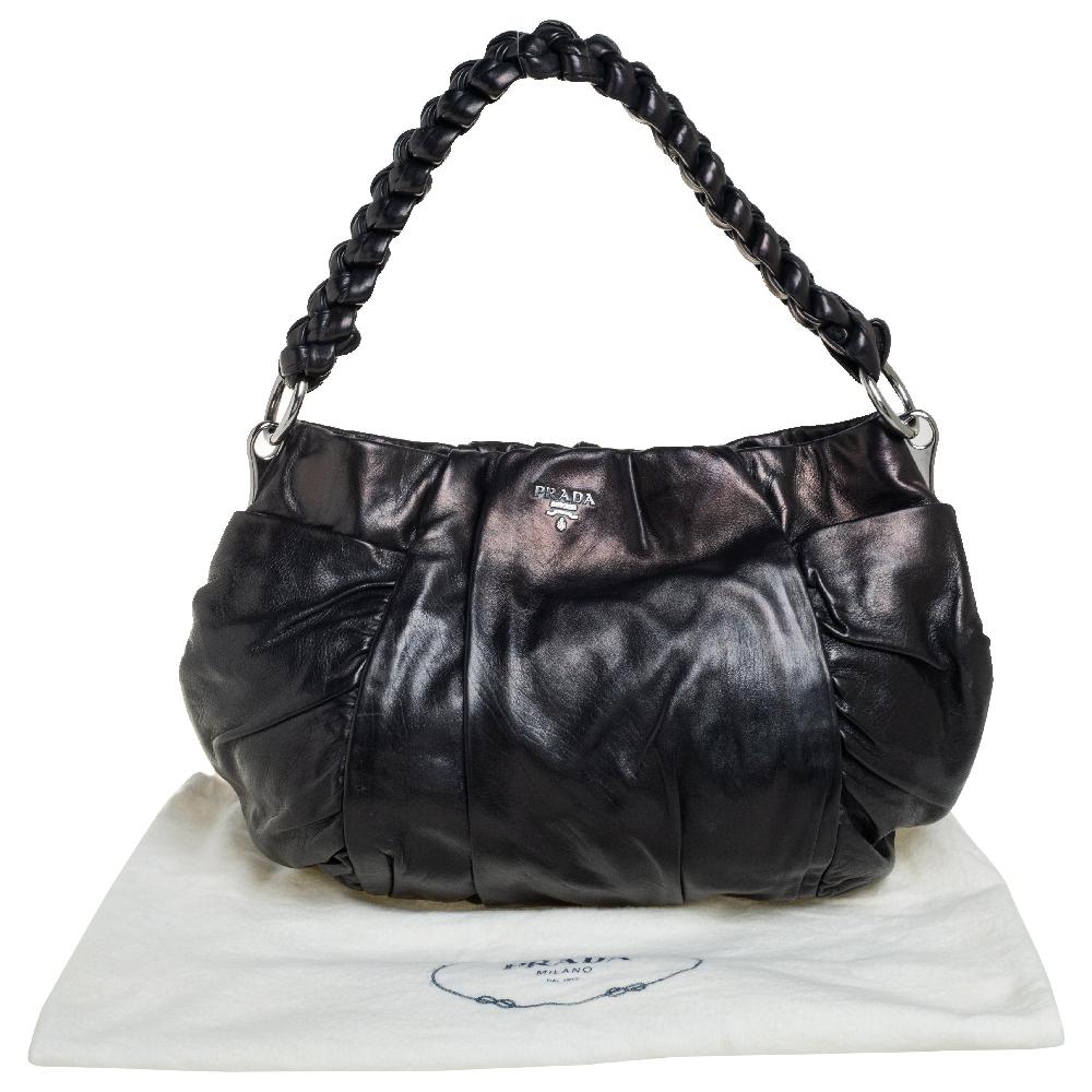 Prada Black Patent Leather Braided Handle Hobo 6